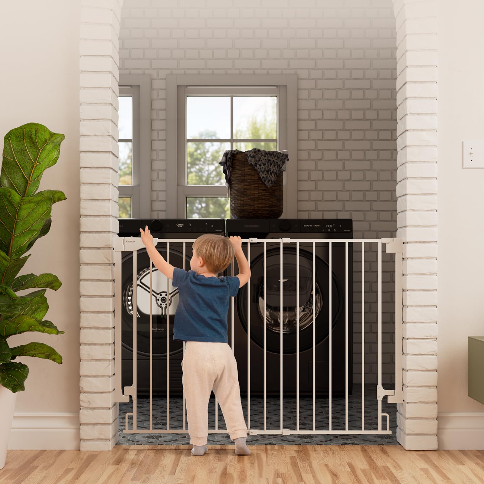 Cumbor 34 Extra Tall Baby Gate for Stairs, Wall-Mounted (Drill Required), Expandable 31.6-48 No Bottom Bar Dog Gate Indoor for L