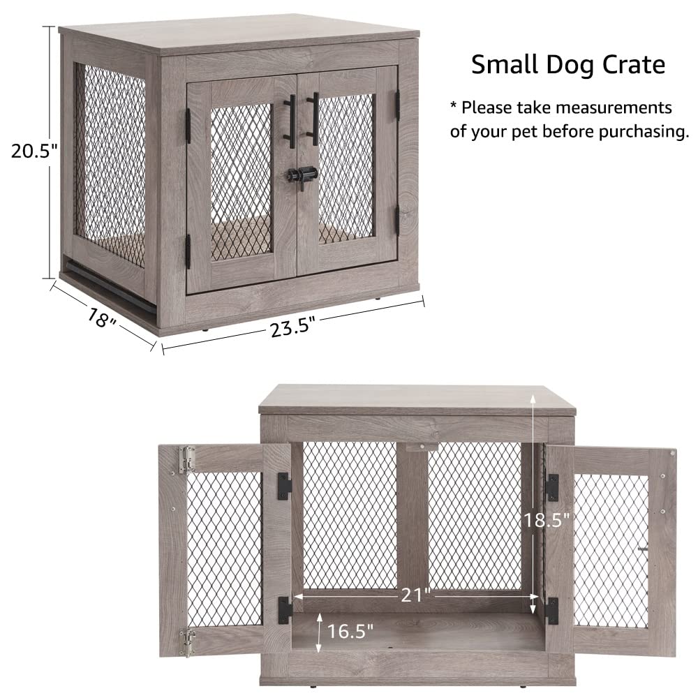 Unipaws Furniture Style Dog Crate With Cushion And Tray, Mesh Dog Kennels With Double Doors, End Table Dog House, Medium And Large Crate Indoor Use (Small, Grey)