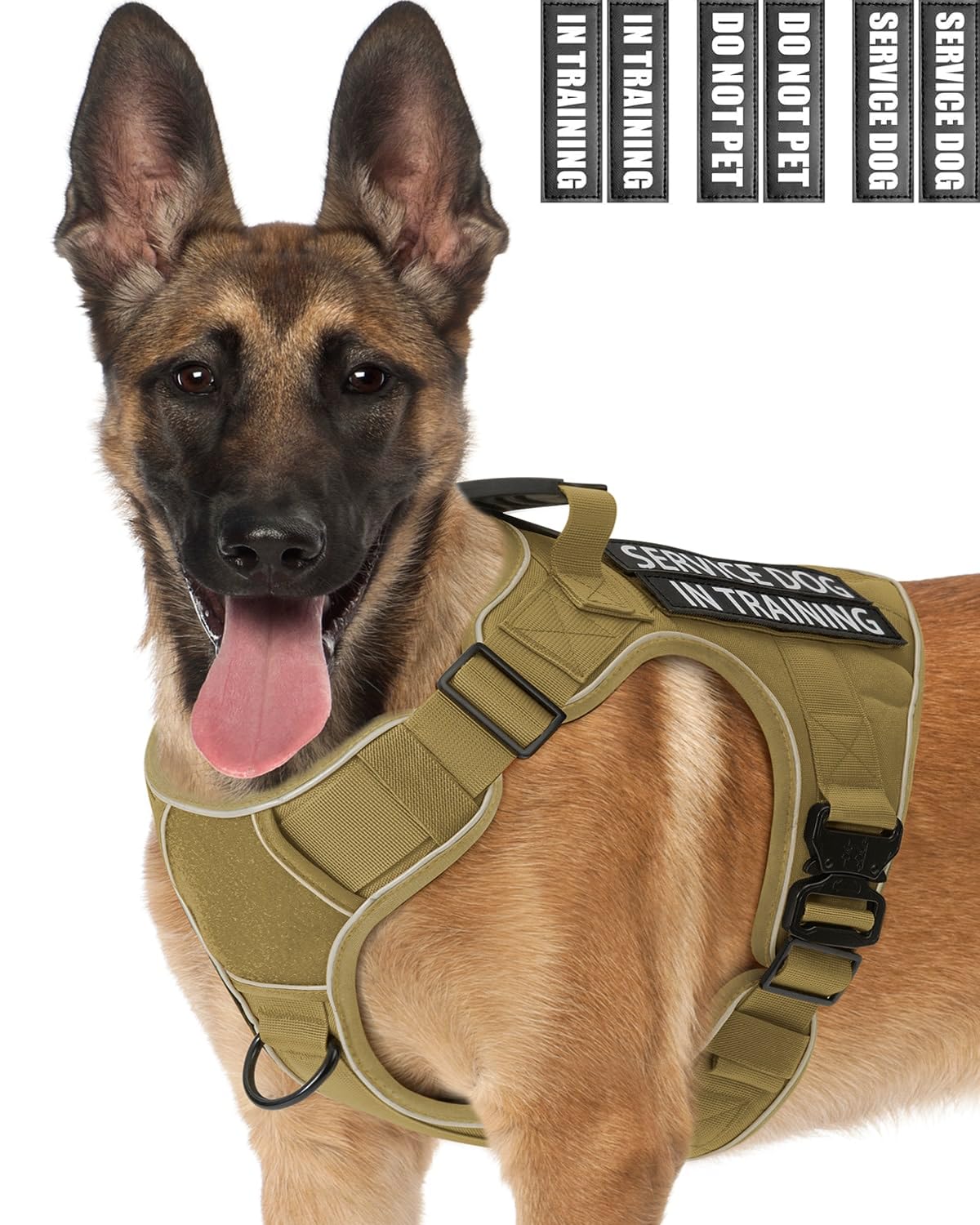 Reflective Service Dog in Training Vest Harness for Medium Large Dogs, Adjustable Heavy Duty Padded Brown Dog Harness, with Fron