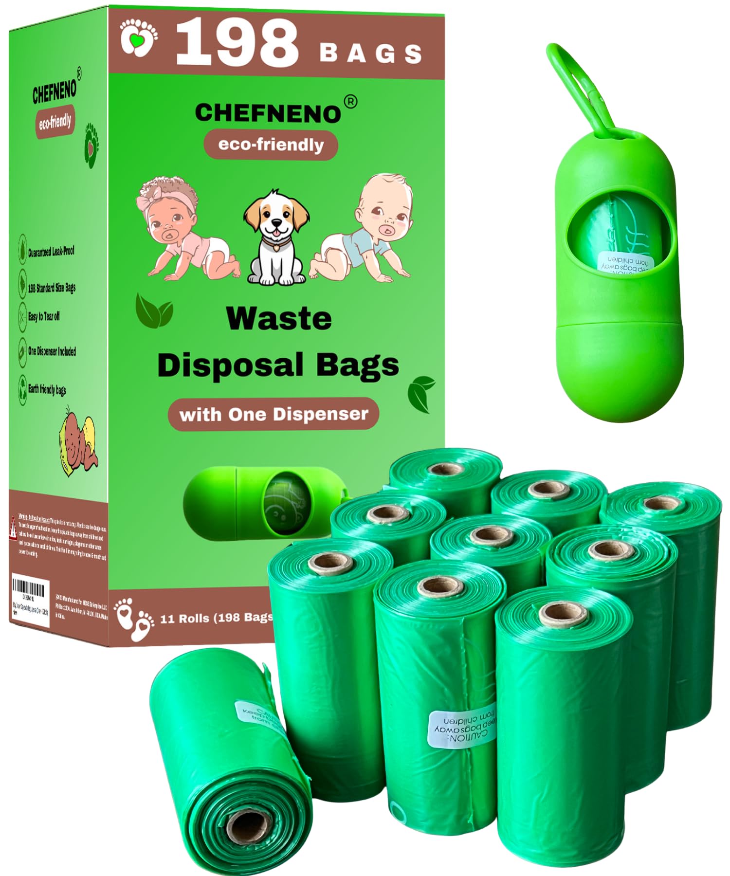 Baby Diaper Disposable Bags Biodegradable 11 Refill Rolls With Dispenser (198 Bags) Diaper Sacks Disposable Dog Poop Waste Bags 