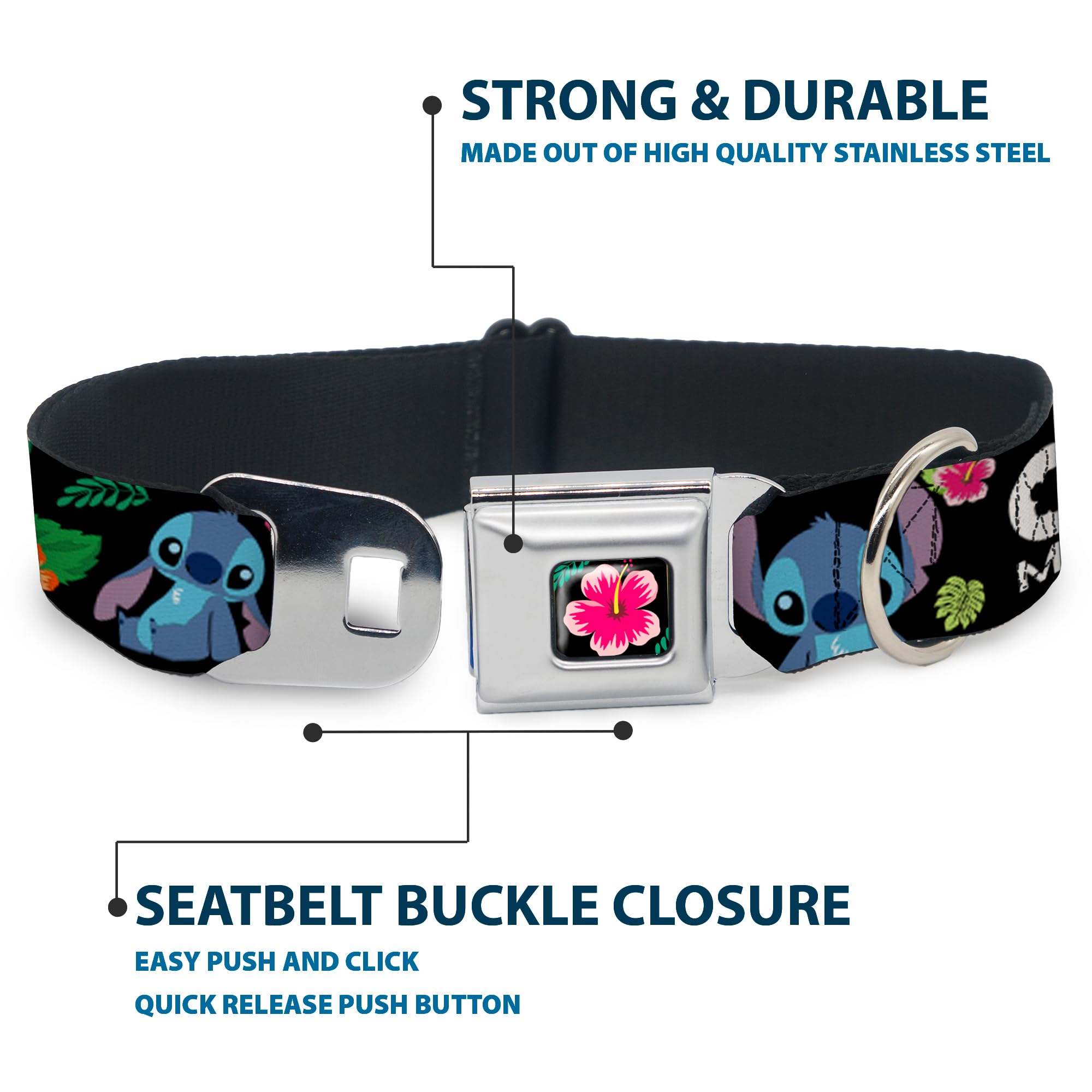 Buckle-Down Lilo & Stitch -Ohana Means Family Dog Collar, Seat Belt Buckle, Black Multicolor