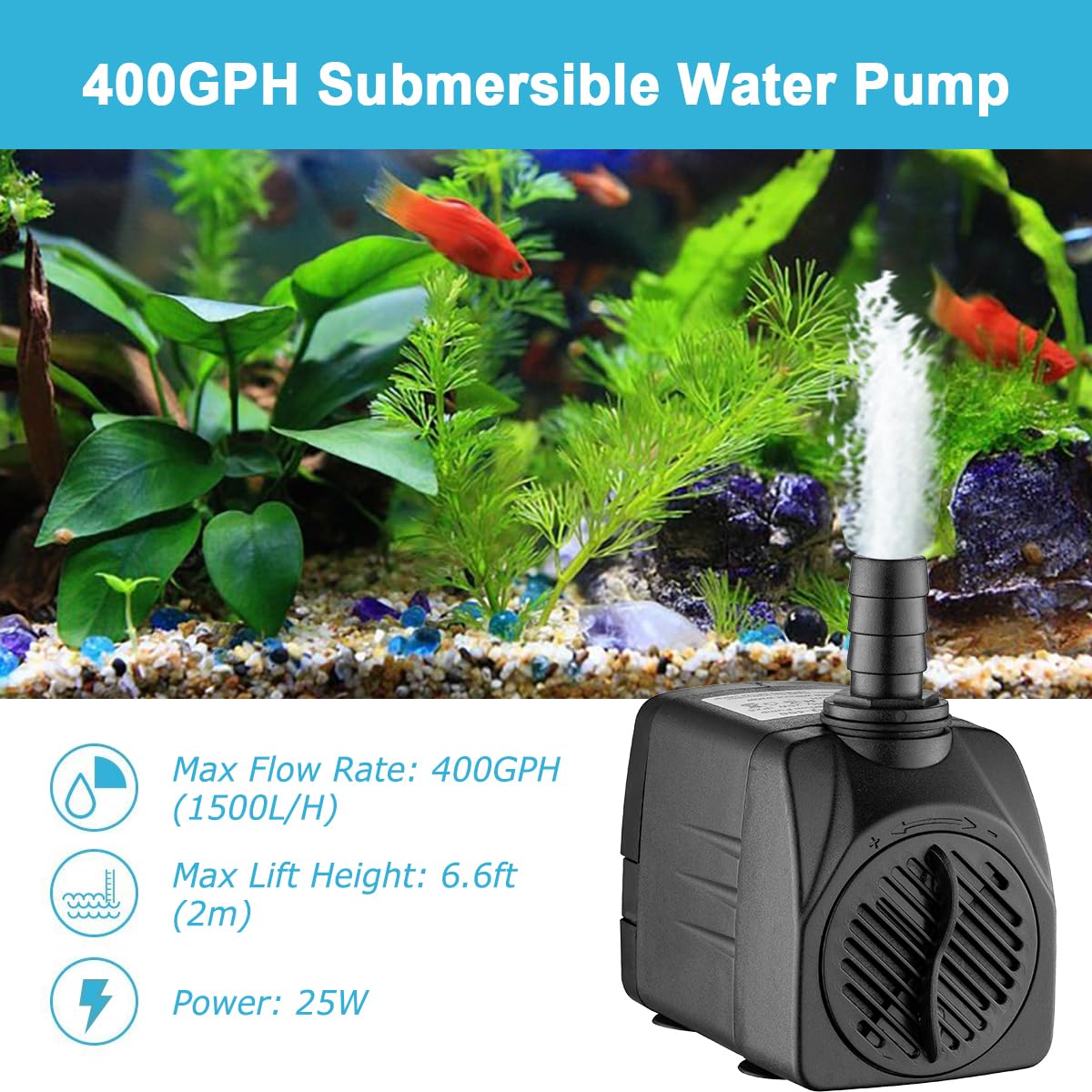 LYQILY 400GPH Submersible Water Pump - 1500L/H, 25W, Ultra Quiet, Black, Ideal for Fountains, Hydroponics, Ponds, Aqu