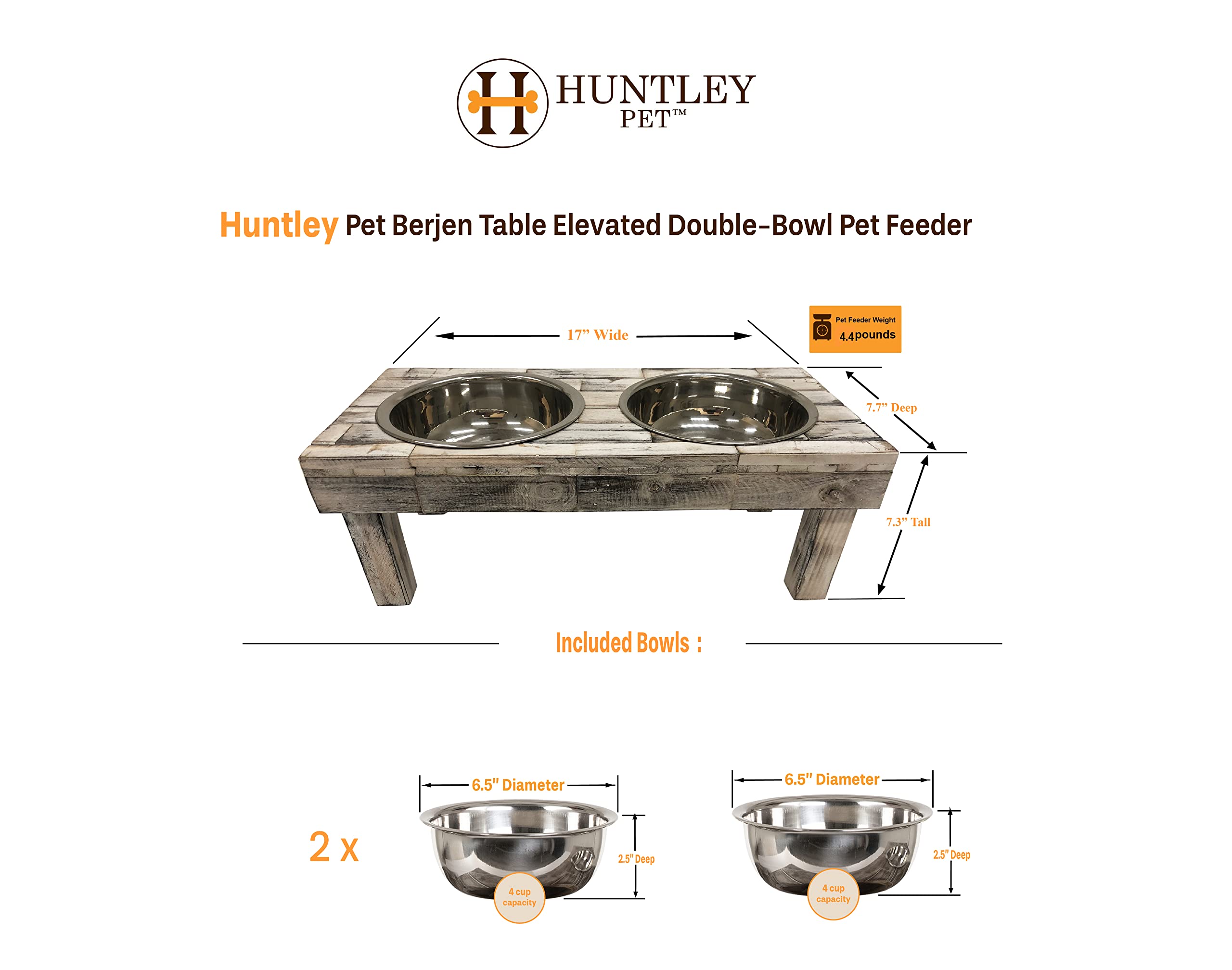 Huntley Equestrian Pet Berjen Table Elevated Double Bowl Pet Feeder, Brown Wash (Small), 2191