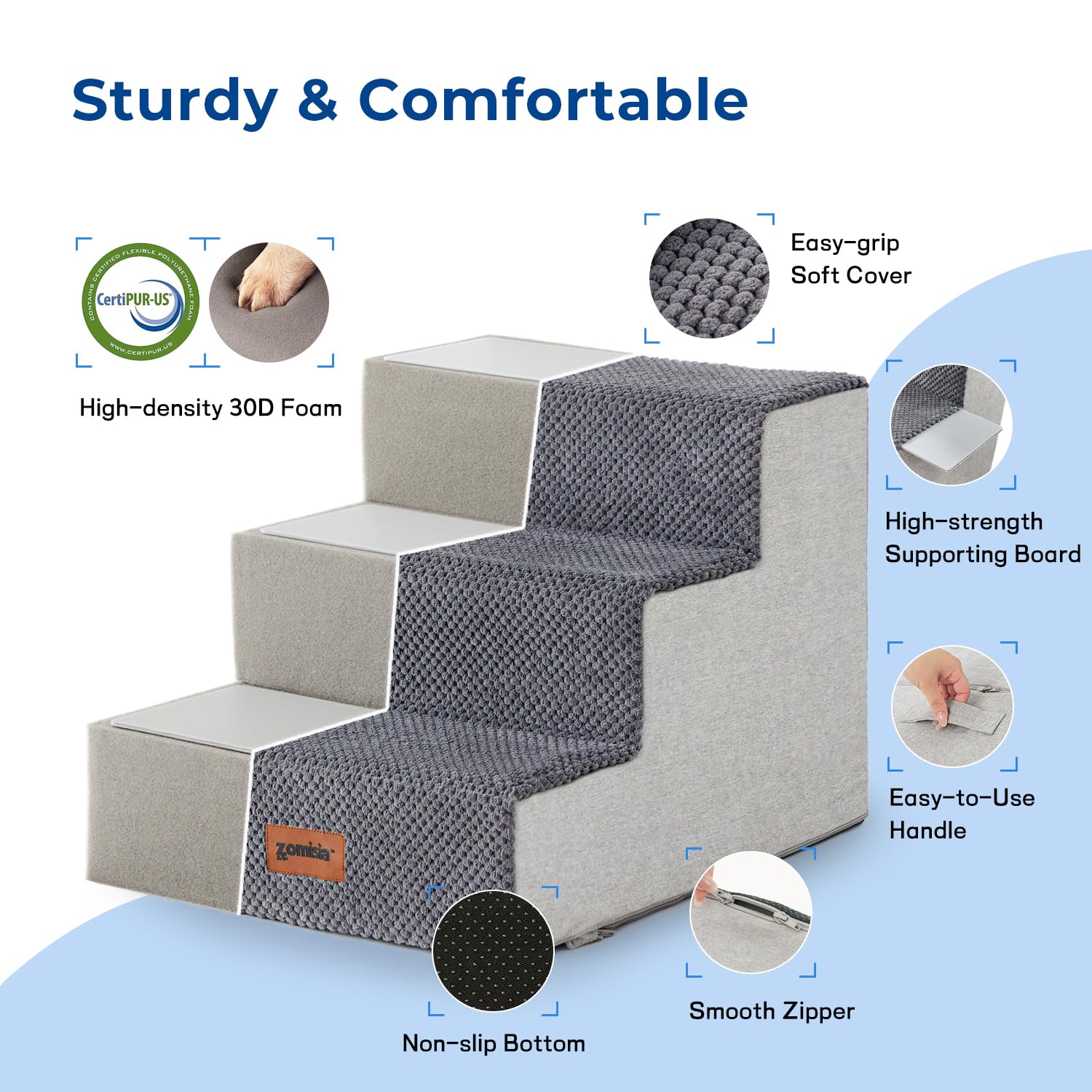 Zomisia Dog Steps For Couch - Extra Wide Pet Stairs For Small Dogs And Cats, Dog Steps With Non-Slip Bottom Grey 3 Steps, Grey