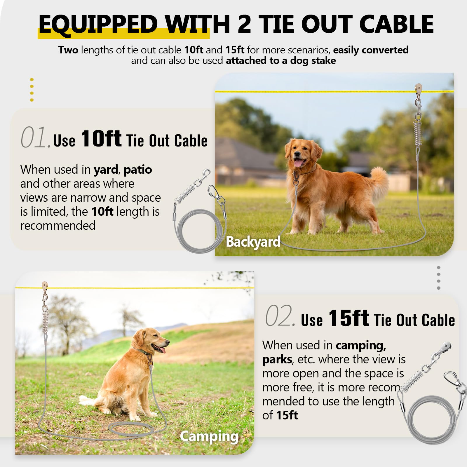 CJYMMFAN Heavy Duty Dog Zip Line System - 150ft Line with 10ft & 15ft Tie Out - Yellow & Grey - Supports Large Dogs Up to 250lbs