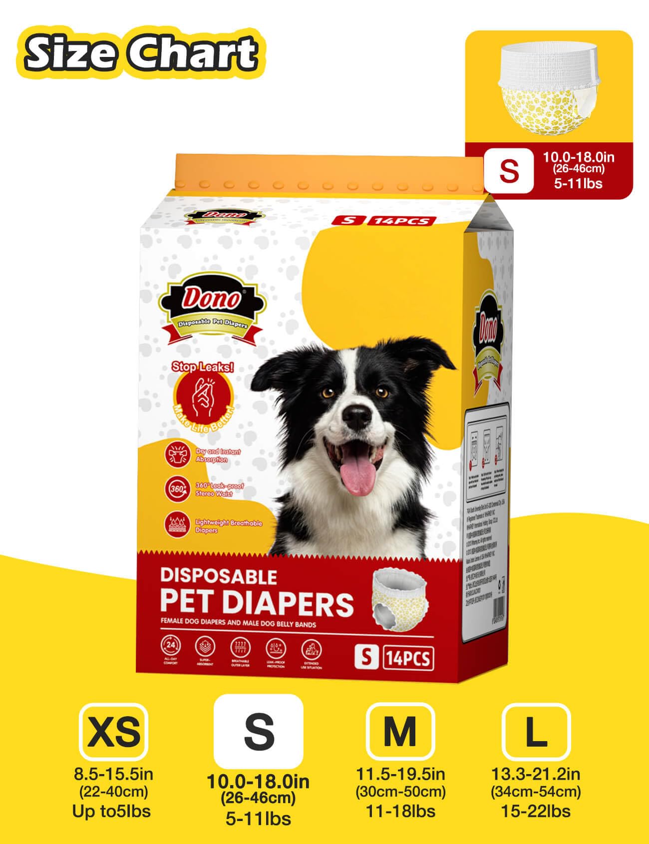 Dono Dog Diapers Female With Stretchy Waist-10-96Pcs, Disposable Full Wrap Female Puppy Dog In Heat Period Diapers, 360 Leak-Pro