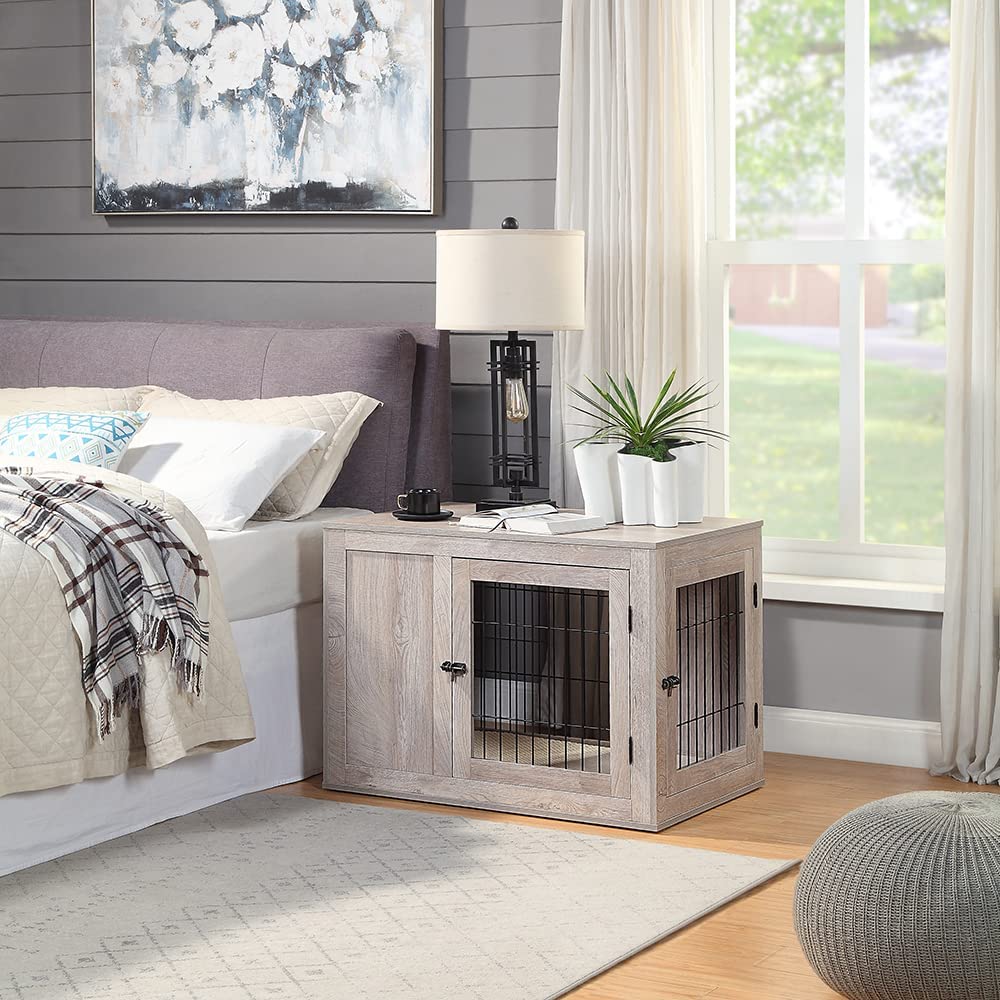 unipaws Medium Dog Crate - Weathered Grey Wood Indoor Kennel, Modern Decorative Pet House, Model UH5160