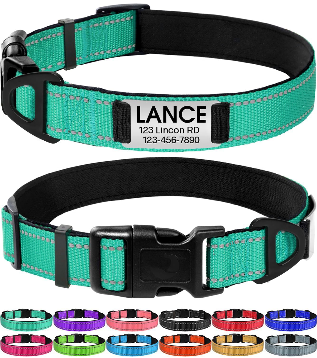 Joytale Personalized Dog Collars, Reflective Nylon Dog Collar With Engraved Name Plate, Customized For Small Dogs, Teal, S