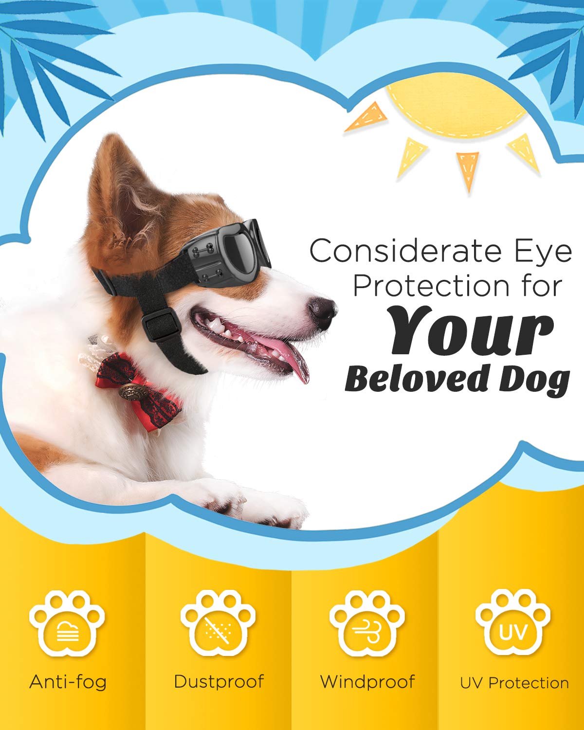 Lewondr Dog Sunglasses Small Breed Dogs Goggles Uv Protection,Goggles For Small Dogs Eye Wear Protection With Adjustable Strap Windproof Anti-Fog Sunglasses For Small Dogs Doggy Doggie Glasses,Black