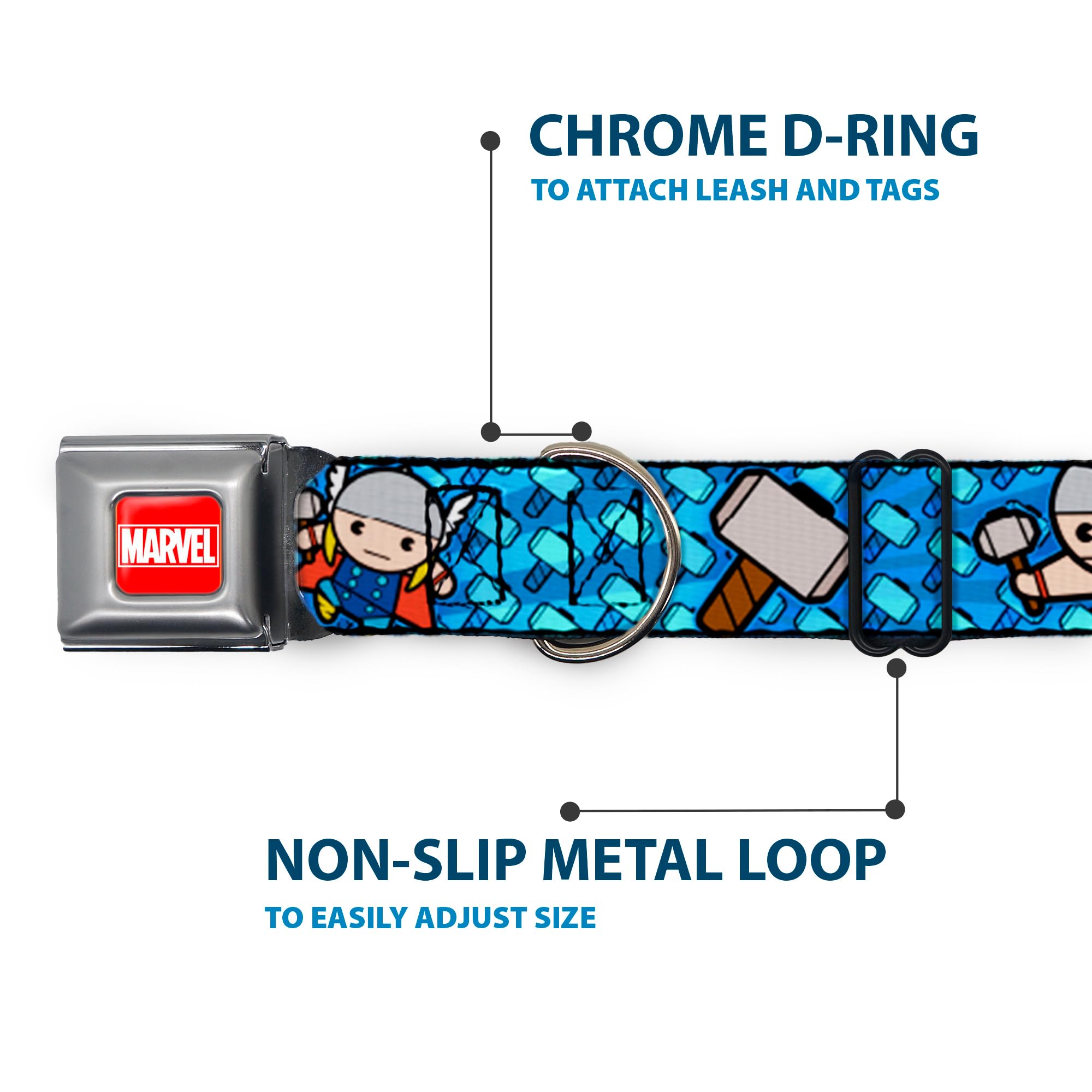 Buckle-Down Dog Collar Seatbelt Buckle Kawaii Thor Poses Hammer Monogram Blues 13 To 18 Inches 1.5 Inch Wide, Multicolor, Dc-Wth