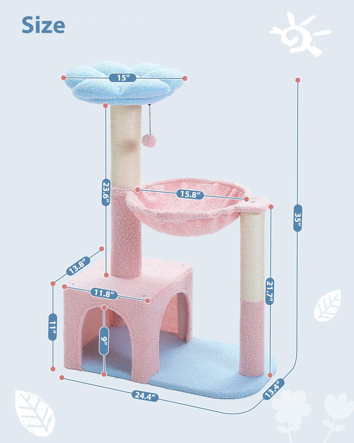 Muttros Flower Cat Tree With Large Metal Frame Hammock, 35' Pink Cat Tower With Sisal Scratching Posts For Small Indoor Cats, Cat Condo With Blue Top Perch For Kittens, Fluffy Ball, Pink