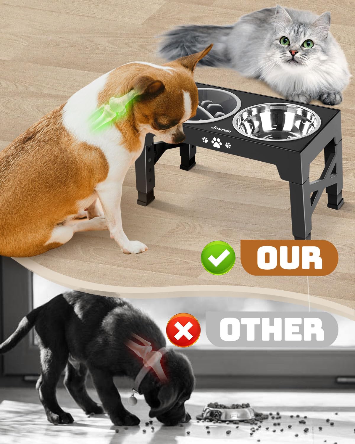Jovrun Elevated Dog Bowls - Adjustable Stand, 2 Stainless Steel Dishes & 1 Slow Feeder, Black, For Medium Large Dogs