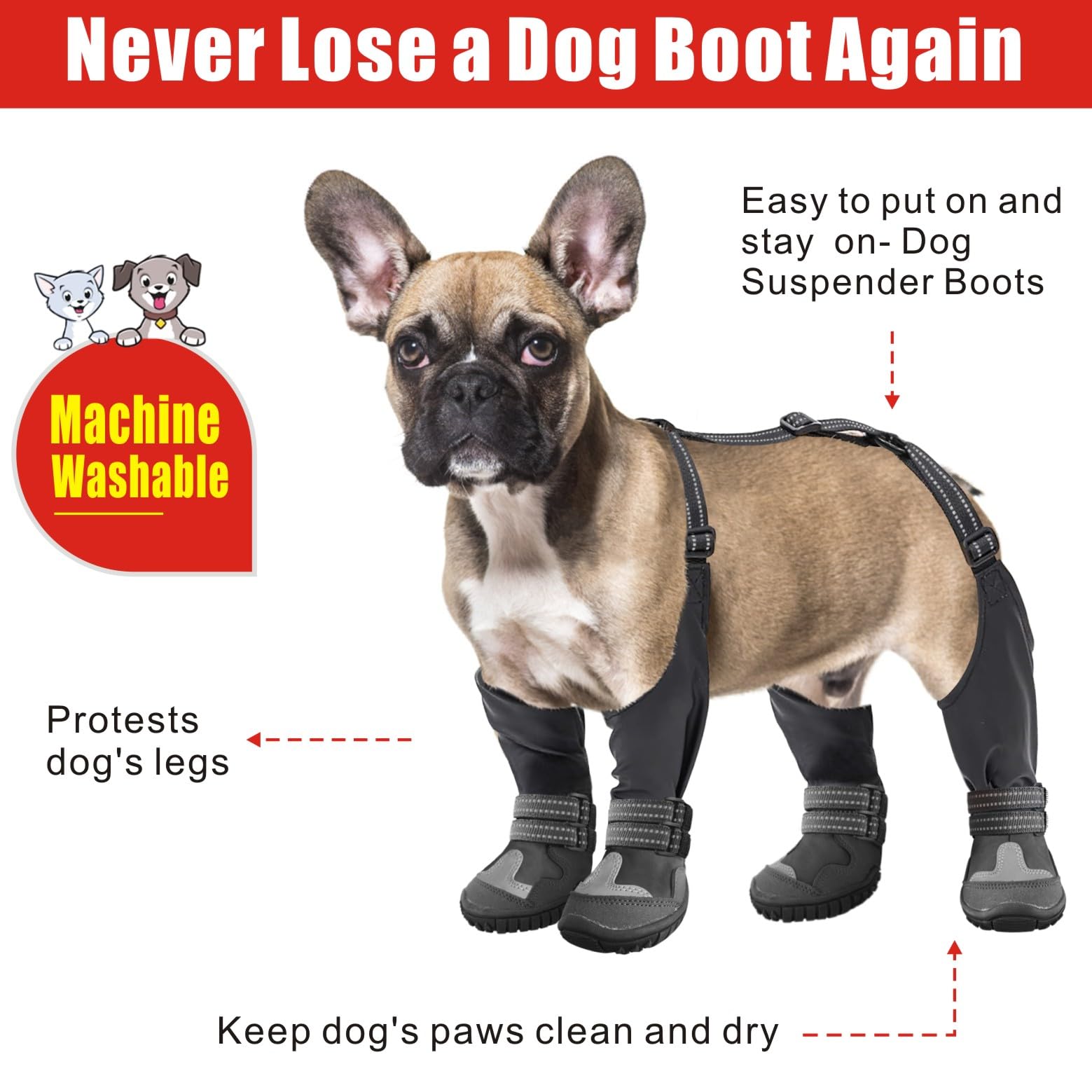 Idepet Dog Suspender Boots - Anti-Slip Waterproof Shoes for Winter Snow Rain Hiking - Adjustable Tall Leggings Paws Protector (B