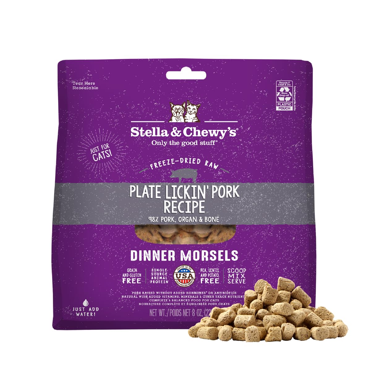 Stella & Chewys Freeze-Dried Raw Cat Dinner Morsels - Premium Pork Recipe with 98% Responsibly-Sourced Meat & Organs - Natural