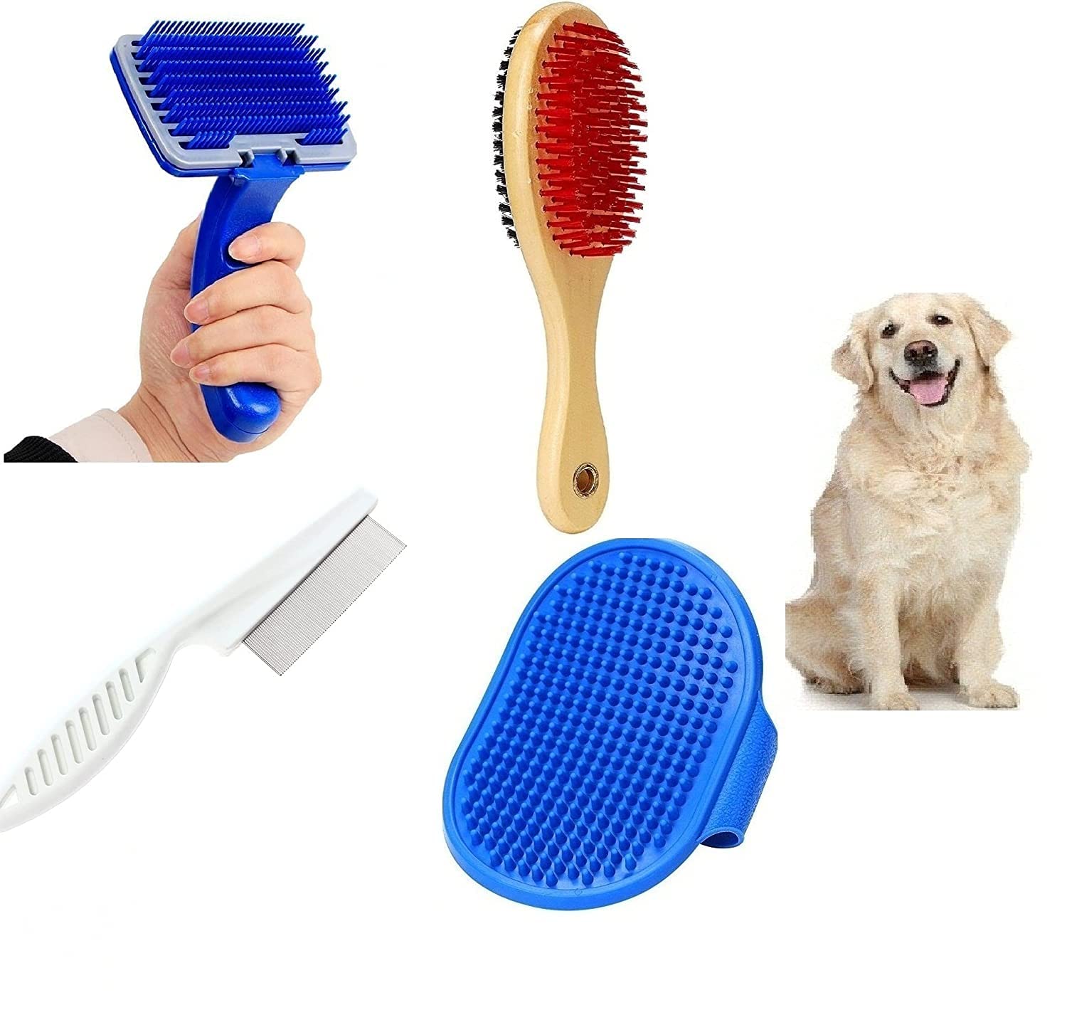 Pups&Pets (Combo Of 4) Imported Pet Hair Flea Comb + Slicker + Wooden Brush + Bath Gloves Grooming Kit For All Pets Dog, Cat, Ra