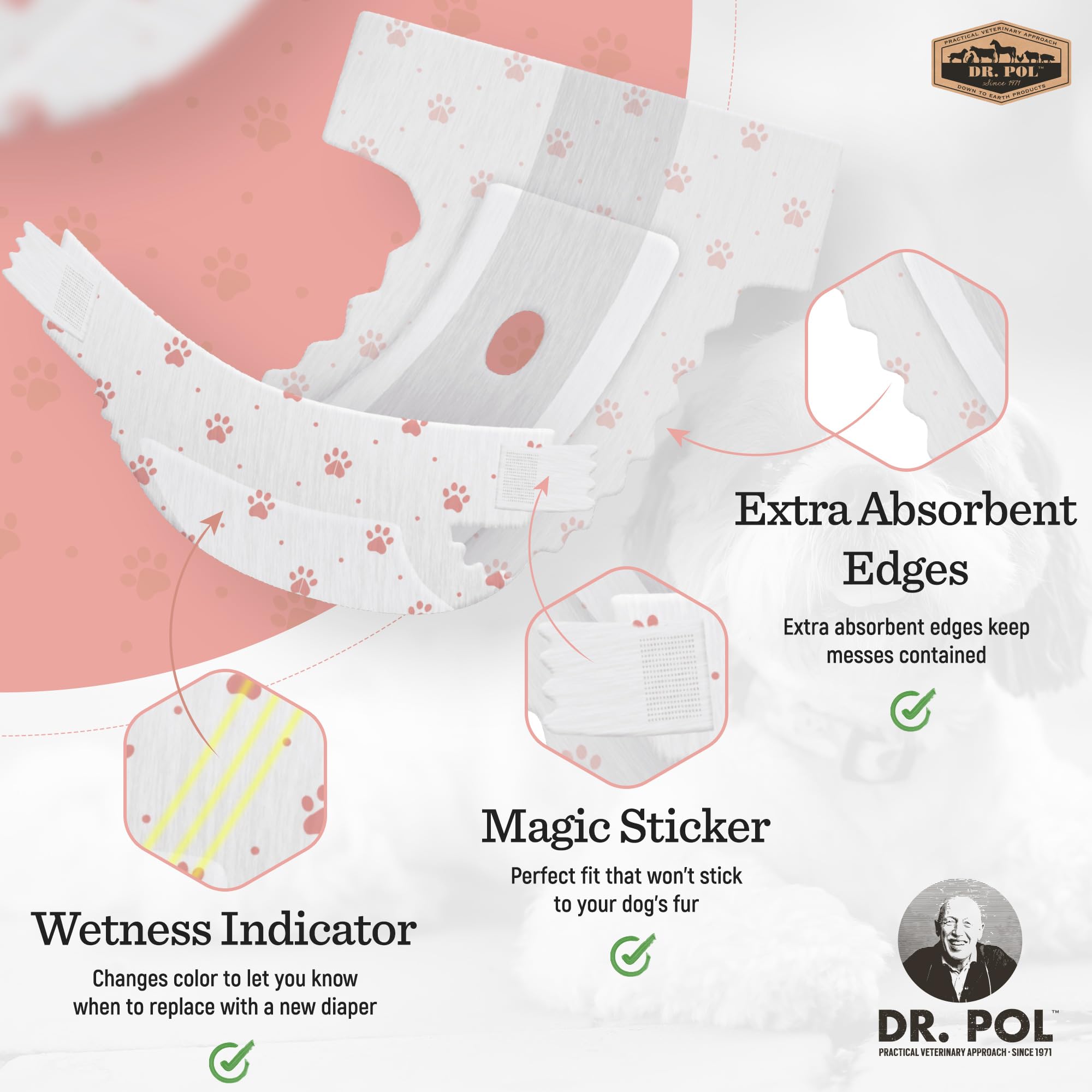 Dr. Pol Female Dog Diapers - Super Absorbent, Breathable, Leak-Proof With Wetness Indicator, Large, 50 Count