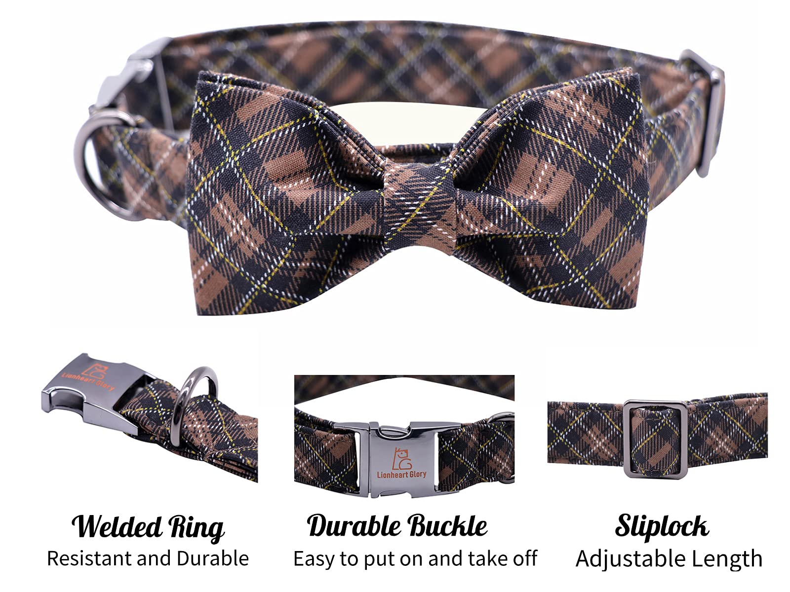 Lionheart Glory Premium Plaid Dog Collars, Bowtie Dog Collar, Adjustable Heavy Duty Dog Collar With Bow For Small Dogs