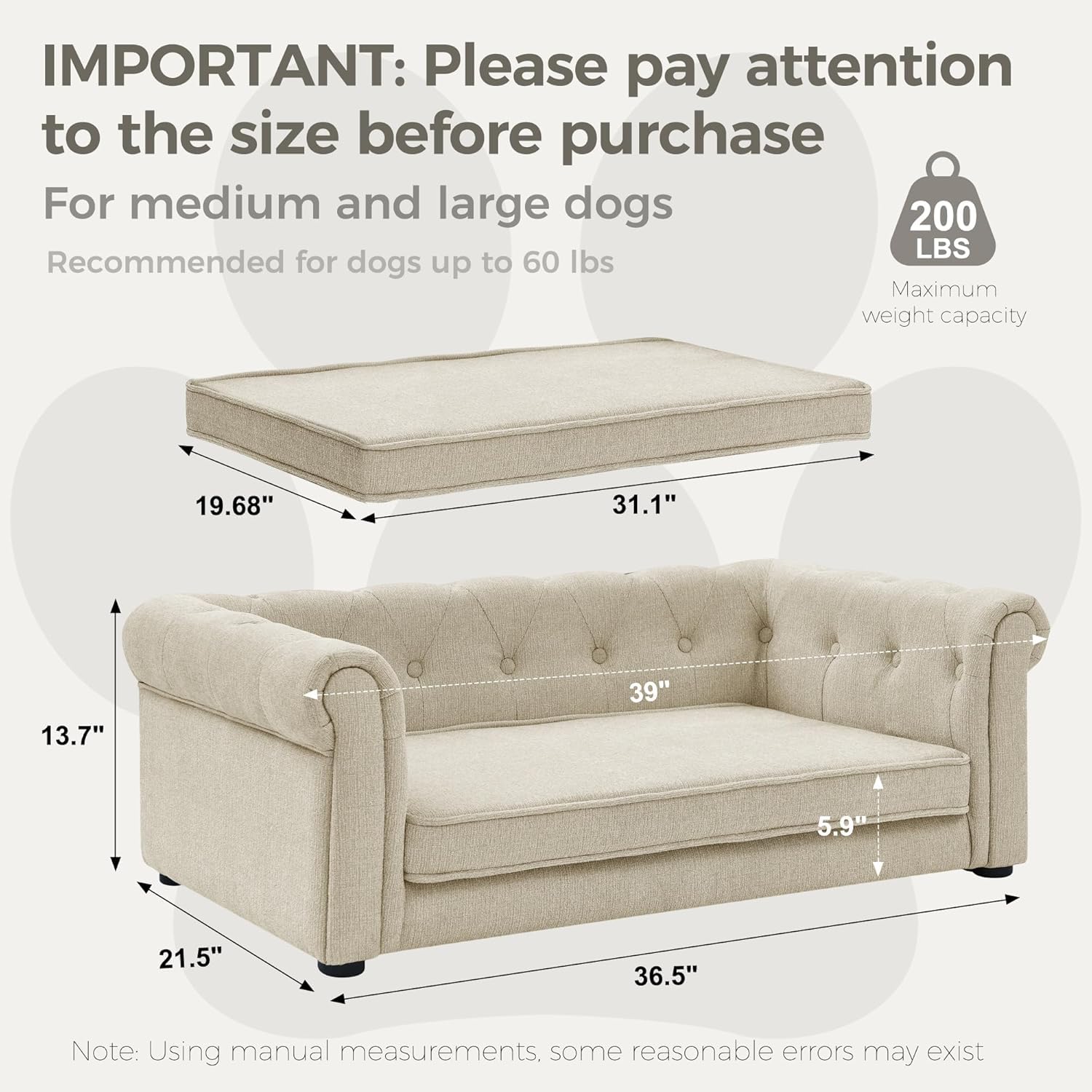 Vynelito Dog Sofa Couch For Medium To Large Dogs, 31'' Memory Foam Dog Couch With Washable Fabric, Removable Cushion, Sofa Bed F