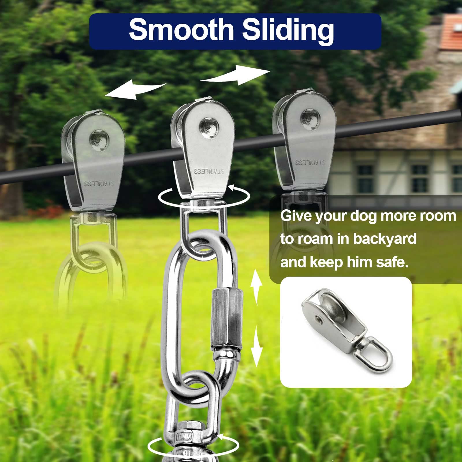 Watfoon Dog Runner For Yard, Dog Trolley Cable System Aerial Run Zip Line For Large Dogs, 100Ft/ 50Ft Heavy Dog Tie Out Cable With 10/15/25 Ft Pet Leads Zipline For Camping Gear (100Ft+15Ft)