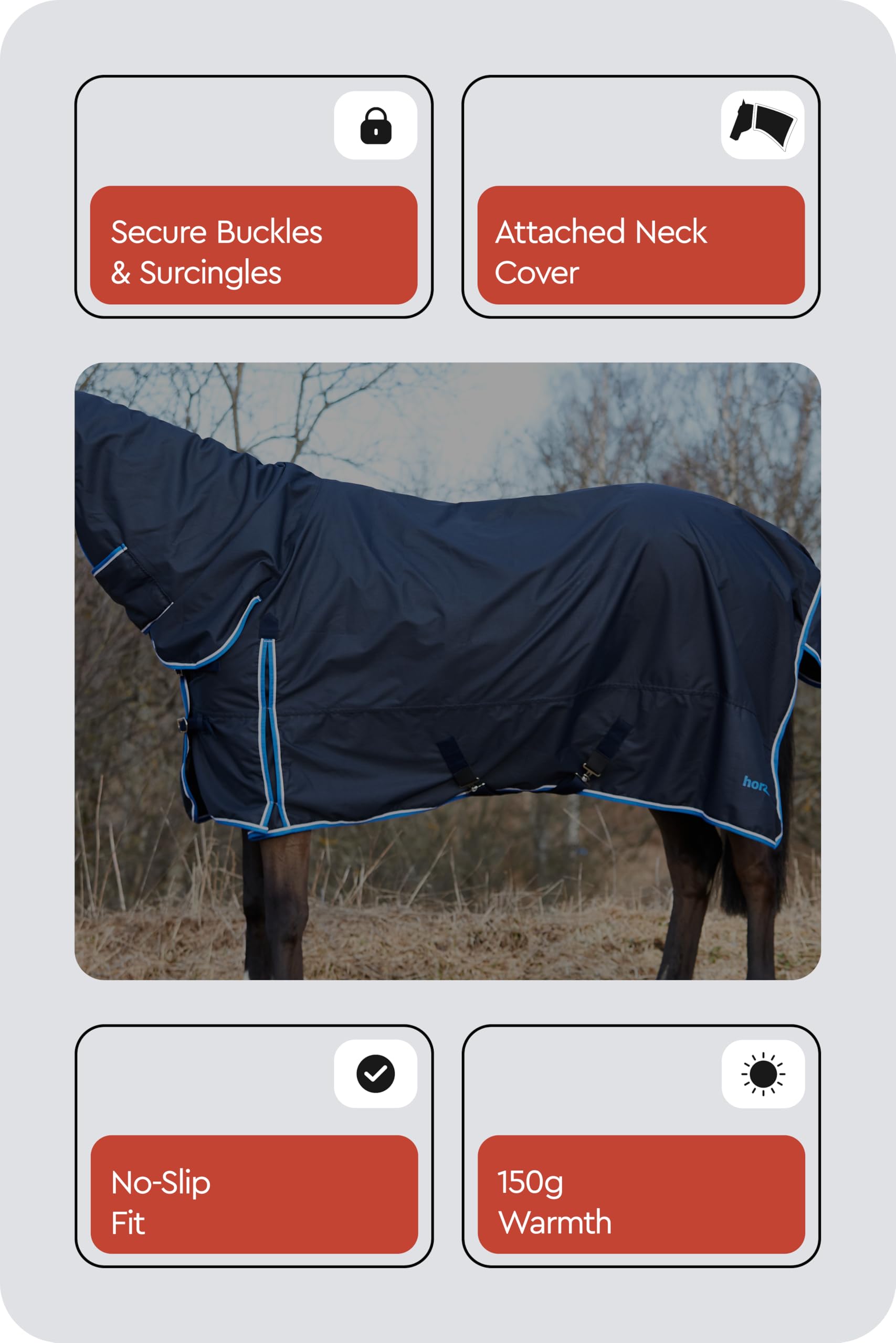HORZE Glasgow Medium Weight Waterproof Combo Turnout Winter Horse Blanket with Neck Cover (150g Fill) - Dark Blue - 78 in