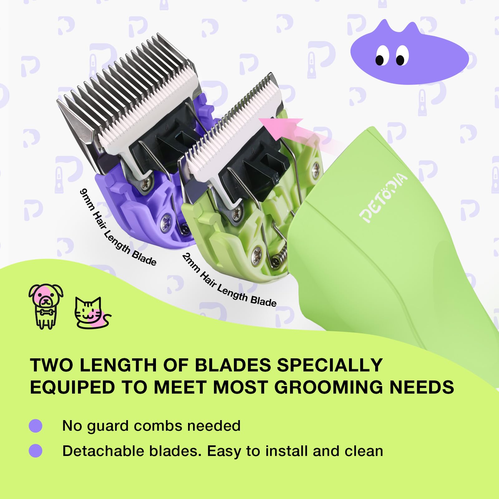 Petopia Dog Clippers - Low Noise Rechargeable Grooming Kit, Cordless with 9mm Blade, Green, Model PC215
