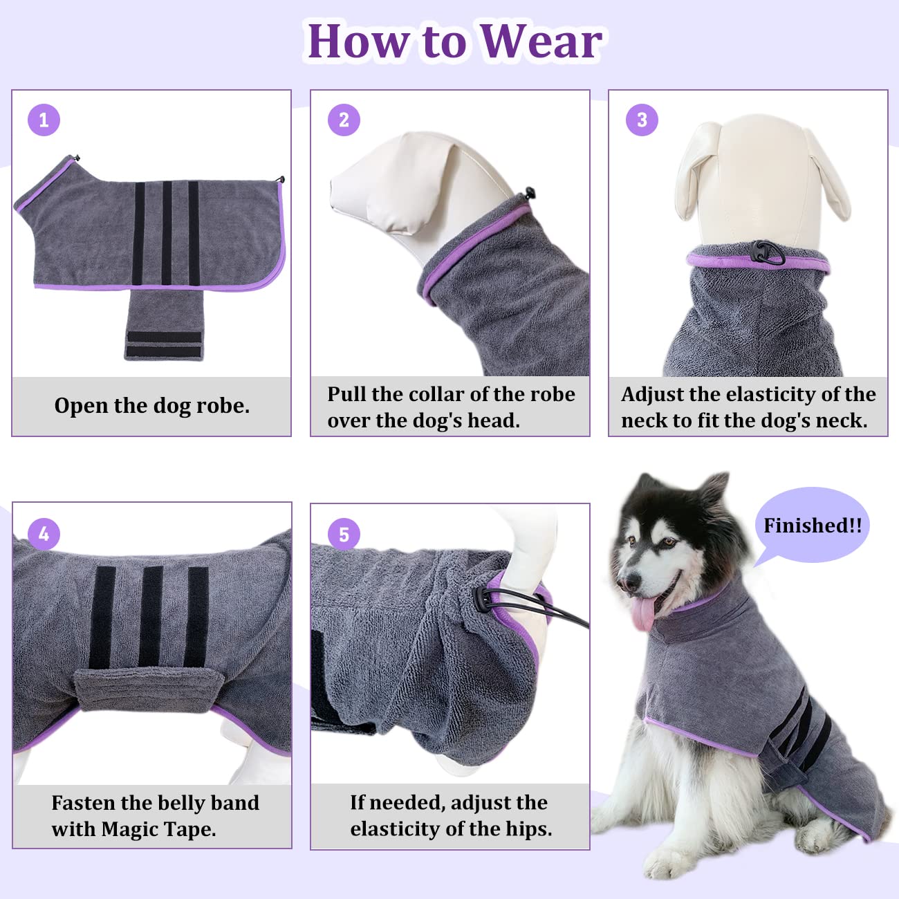Dog Drying Coat Bathrobe Towel,Microfibre Material Fast Drying Super Absorbent Dog Bath Robe, Pet Quick Drying Moisture Absorbing With Adjustable Collar And Waist