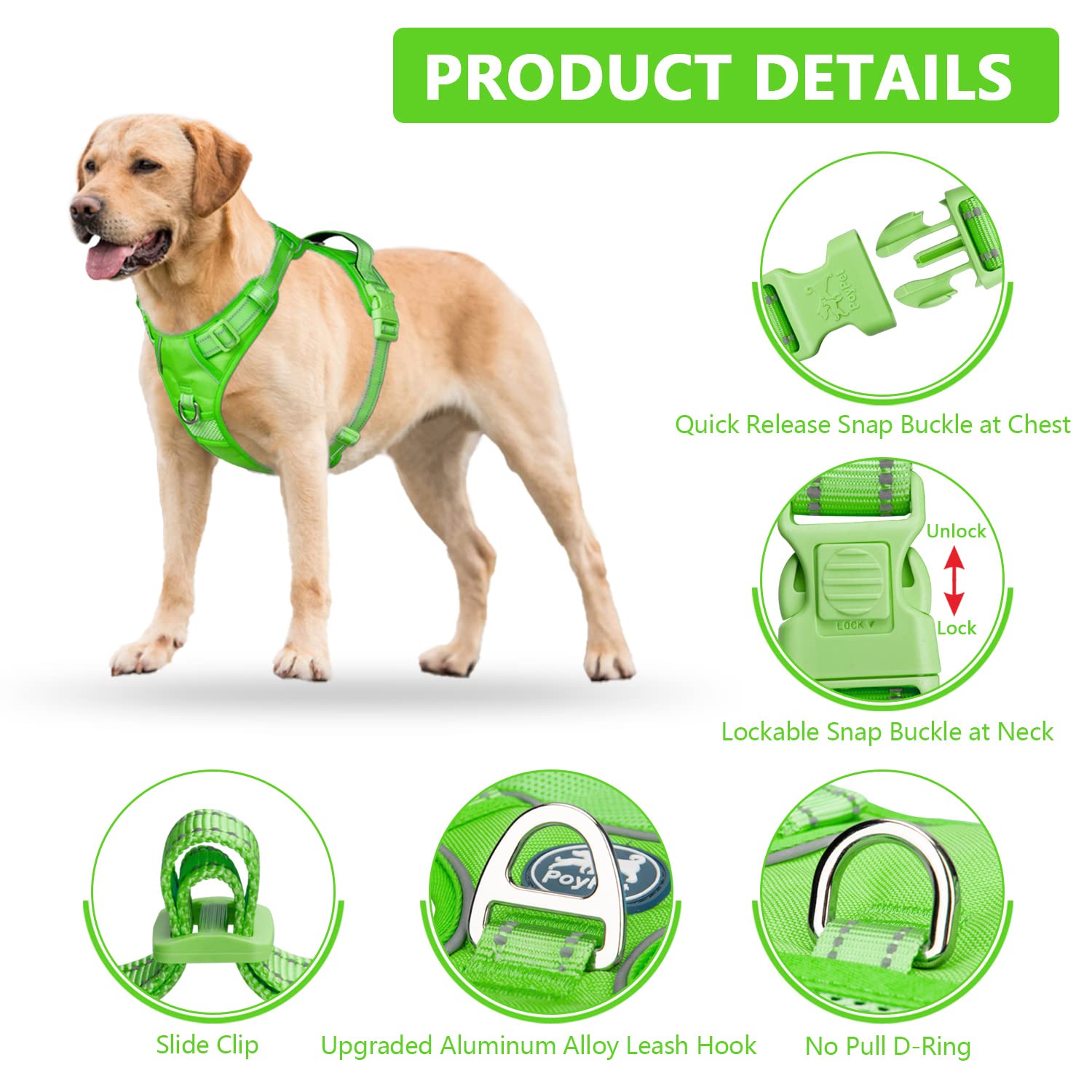 Poypet No Pull Dog Harness, No Choke Reflective Dog Vest, Adjustable Pet Harnesses With Easy Control Padded Handle For Small Medium Large Dogs(Green Matching Trim,L)
