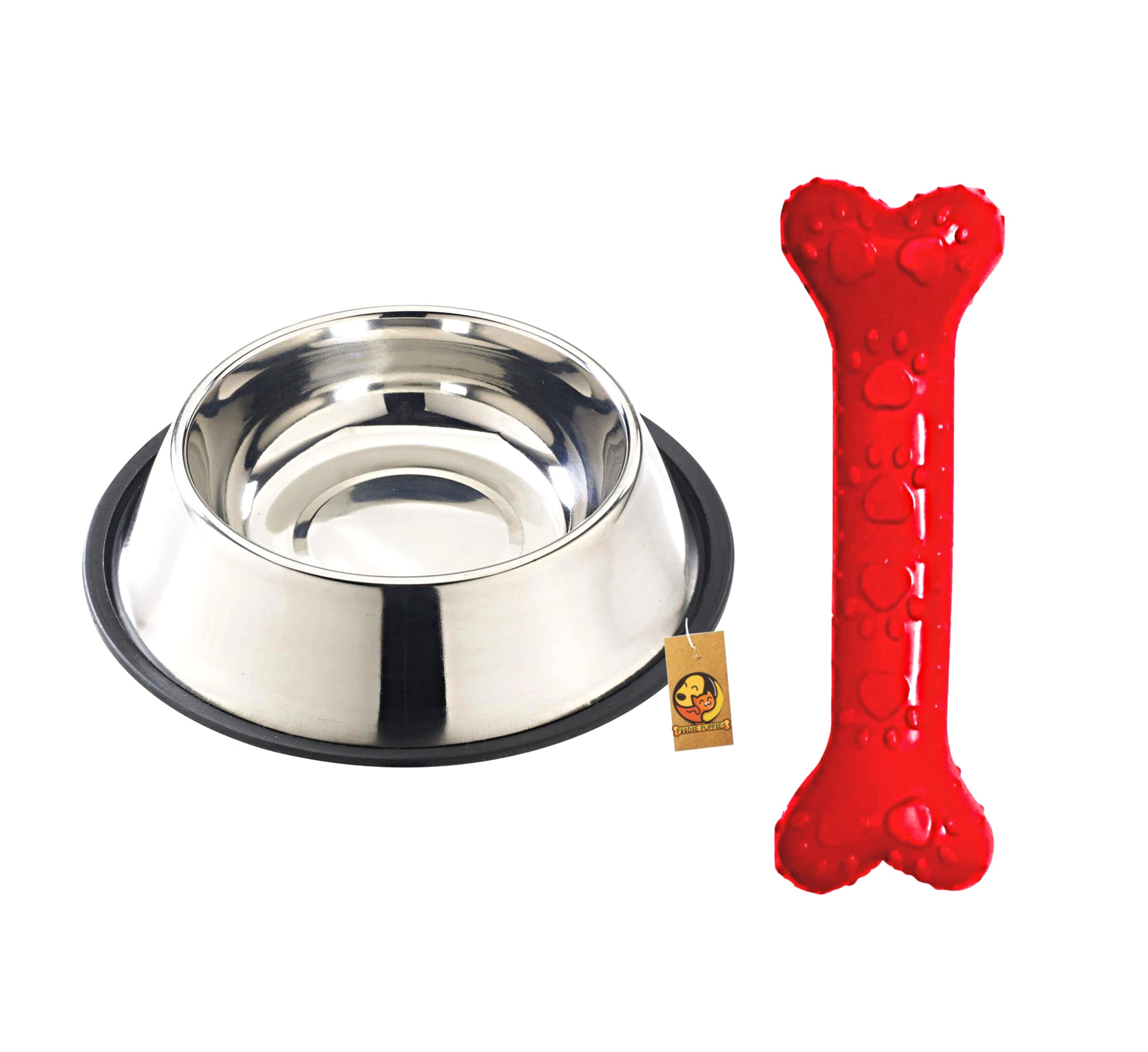 Foodie Puppies Multi Utility Combo Kit For Dogs/Pets  Stainless Steel Feeding Plain Bowl, 700Ml + Dog Paw Print Hard Dental Che