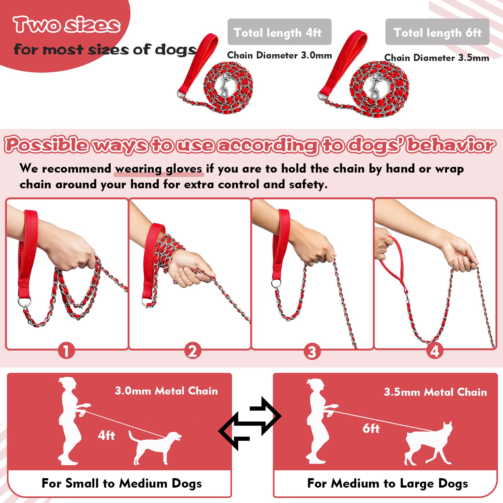 Chain Dog Leash Chew Proof, Metal Chain and Nylon Rope Pet Dog Leash with Padded Handle, Heavy Duty Leashes for Medium Large Dog