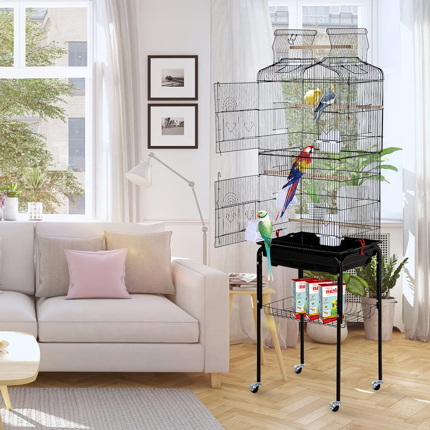 Hcy Bird Cage Parakeet 64 Inch Open Top Standing Parrot Accessories With Rolling Stand For Medium Small Cockatiel Canary Conure