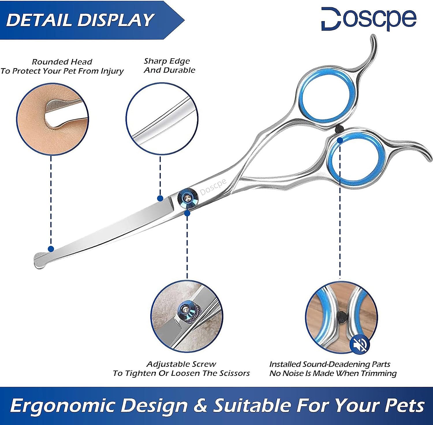 Doscpe Dog Grooming Scissors 7.28" Stainless Steel Round Tips Shears for Pets, Blue, Model LSY117