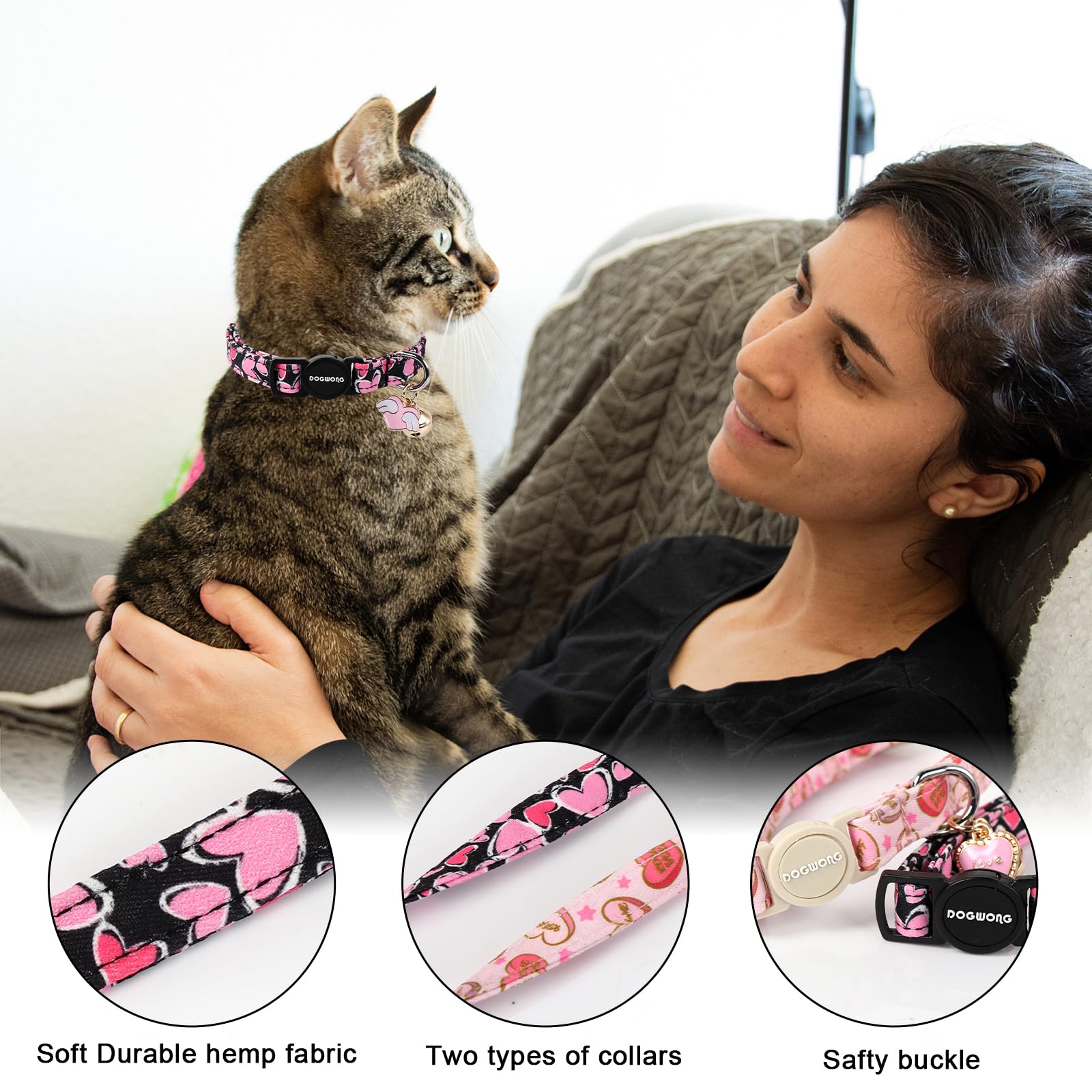 Cat Collar,2 Pack Cat Collars Breakaway With Bell, Dogwong Safety Buckle Valentine'S Day Cat Collar Pink Red Heart For Girl Boy