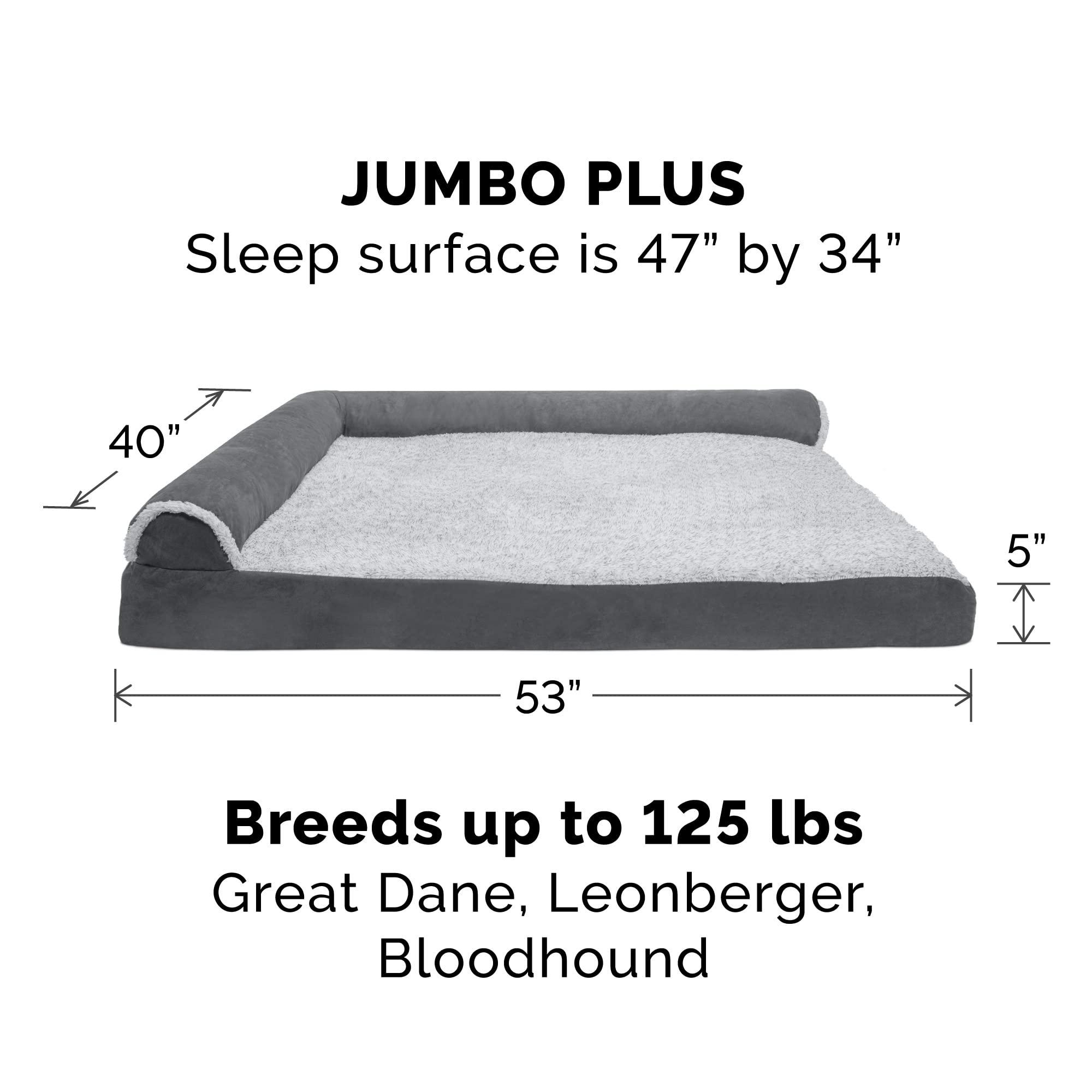 Furhaven Replacement Dog Bed Cover Two-Tone Faux Fur & Suede L Shaped Chaise, Machine Washable - Stone Gray, Jumbo Plus (XX-Larg