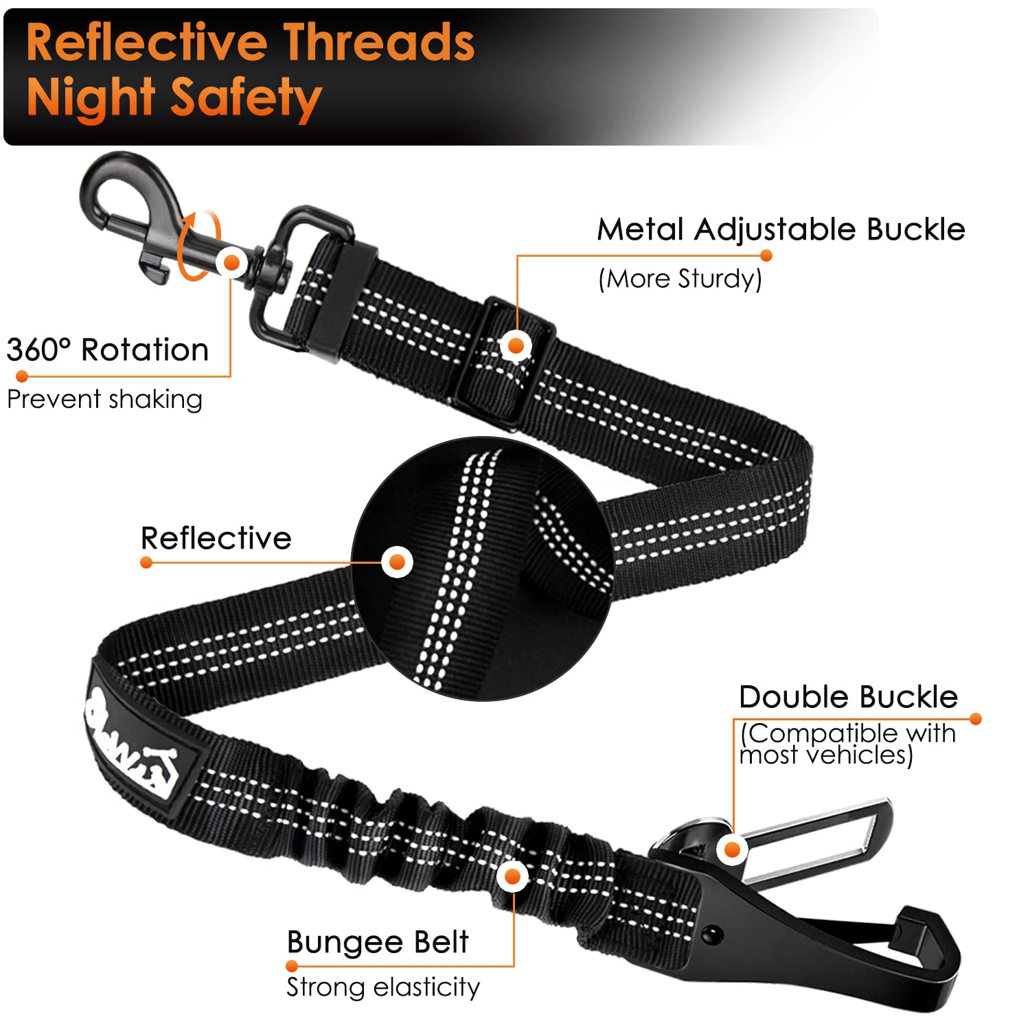 SlowTon Dog Seat Belt, Adjustable 35.5in Nylon Bungee Leash, Black - Reflective Safety Harness Attachment, Model STP38N-L-B-AO