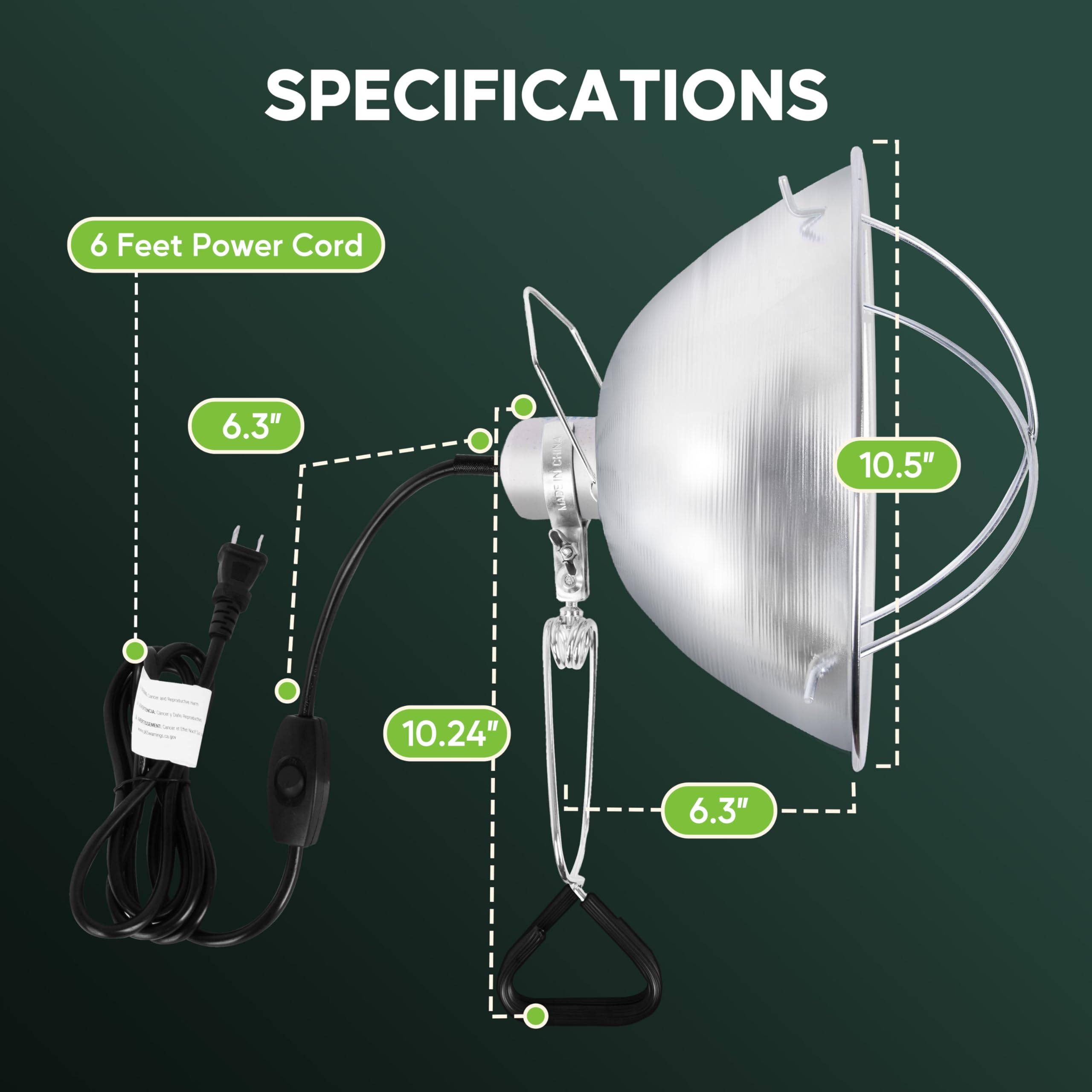 Healsmart 10.5'' Clamp Light Socket And Bulb Guard, 250-Watt Maximum With 6 Feet 18/2 Spt-2 Cord, Aluminum Reflector E26 (No Bul
