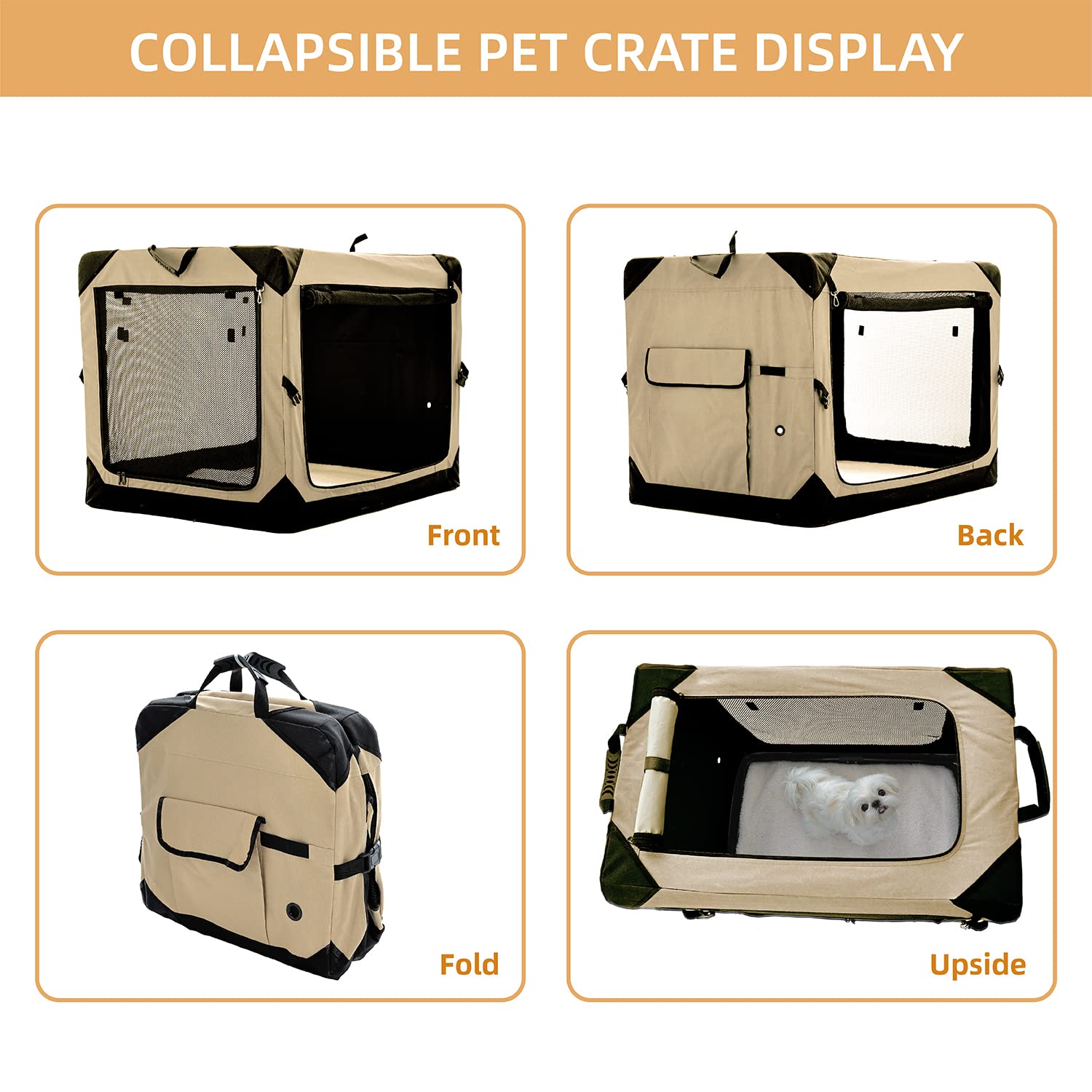 Pettycare 36 Inch Collapsible Dog Crate For Large Dogs, 4-Door Foldable Soft Dog Kennel With Chew Proof Mesh Windows, Indoor & Outdoor Travel Dog Crate, Soft Side Dog Crate,Beige