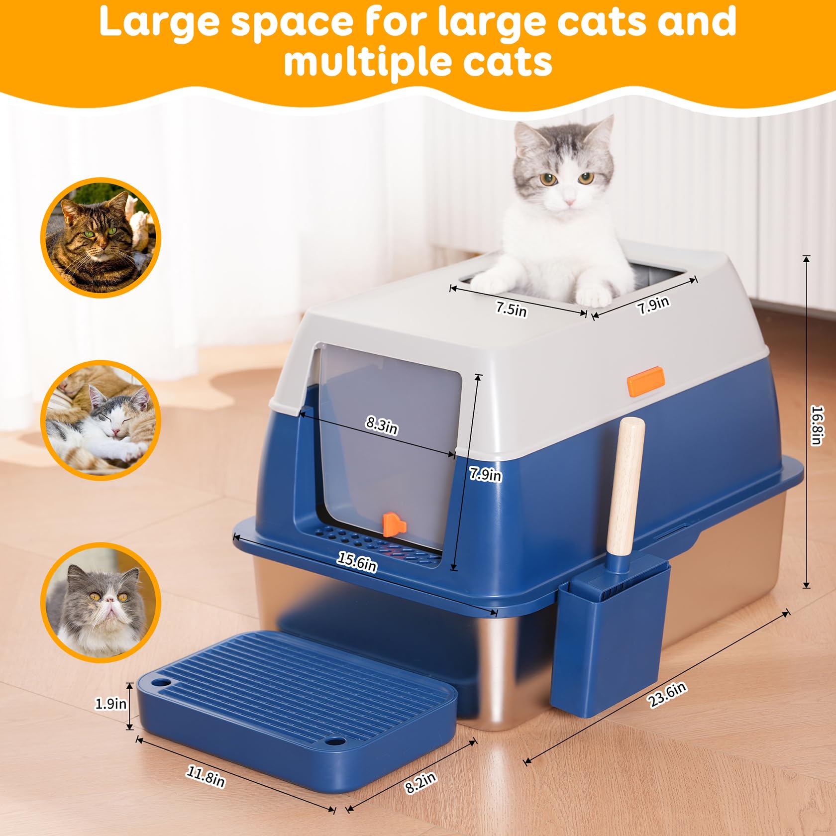 Enclosed Stainless Steel Litter Cat Box With Lid For Big Cats, Top Entry Covered Jumbo Metal Tray, Extra Large, High Sides, Dura