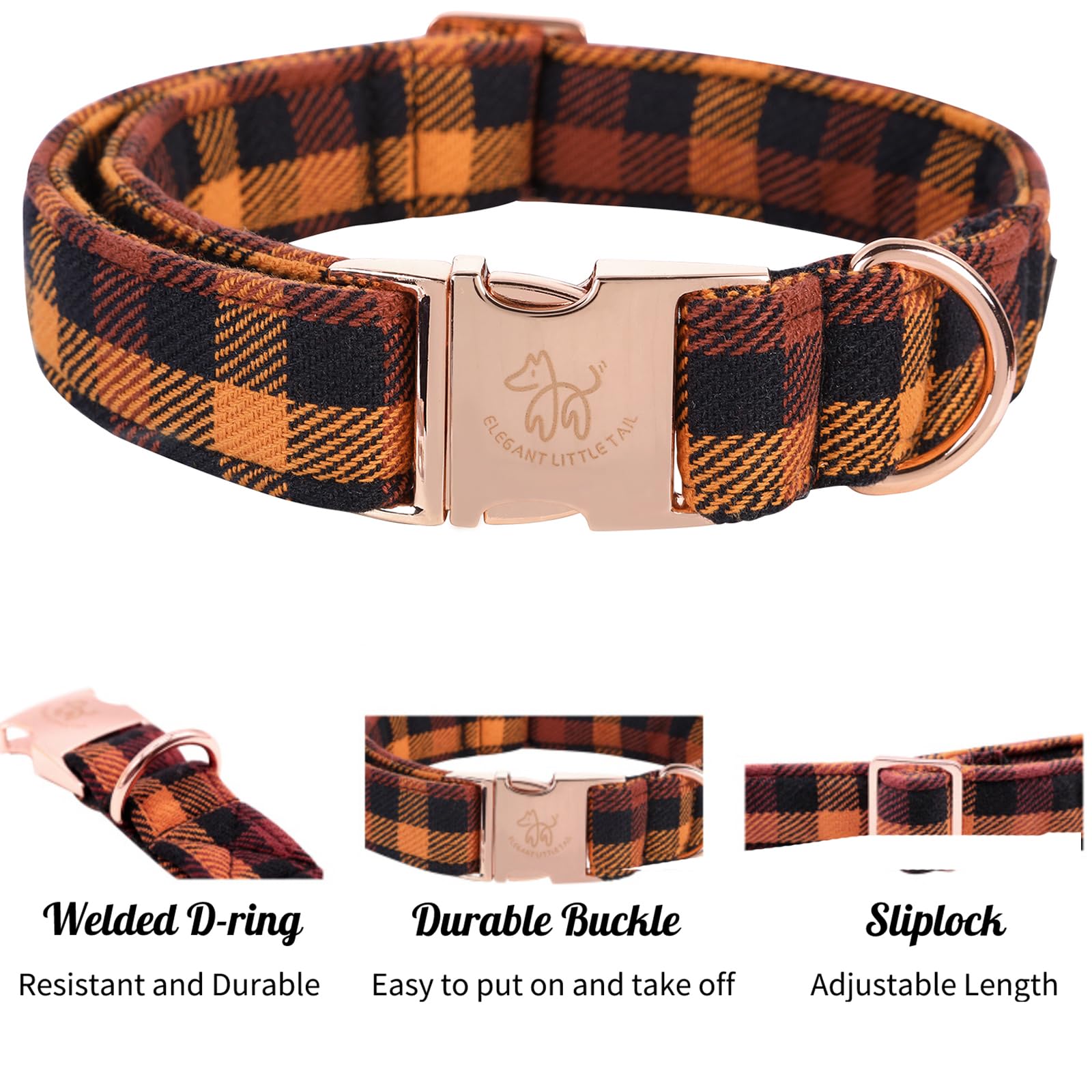 Elegant Little Tail Fall Dog Collar, Autumn Pet Collar Durable Yellow Plaid Dog Collars Male Or Female Holiday Pet Gift Adjustab