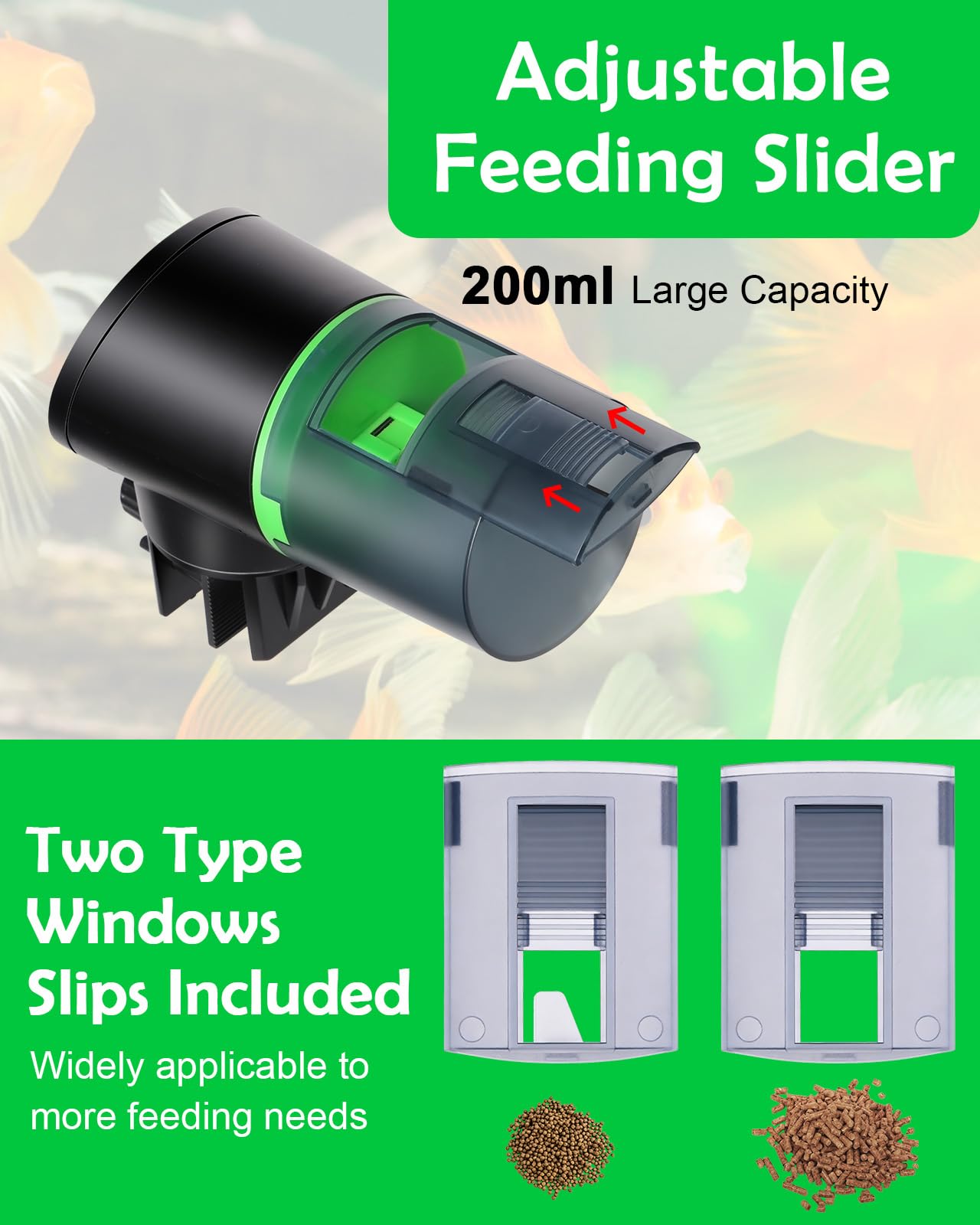 Petbank Automatic Fish Feeder - Rechargeable Fish Food Dispenser for Small & Large Tanks, USB Charger, 12/24/48H Timer, Black, Model CY-009