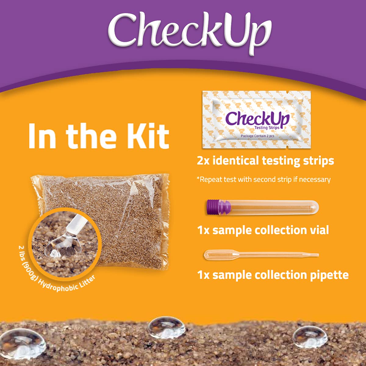 Checkup At Home Wellness Test Kit For Cats | 2Lb Hydrophobic Litter For Urine Collection, 2 Test Strips For The Detection Of The 4 Most Common Health Indicators - Ph, Protein , Glucose, Blood In Urine