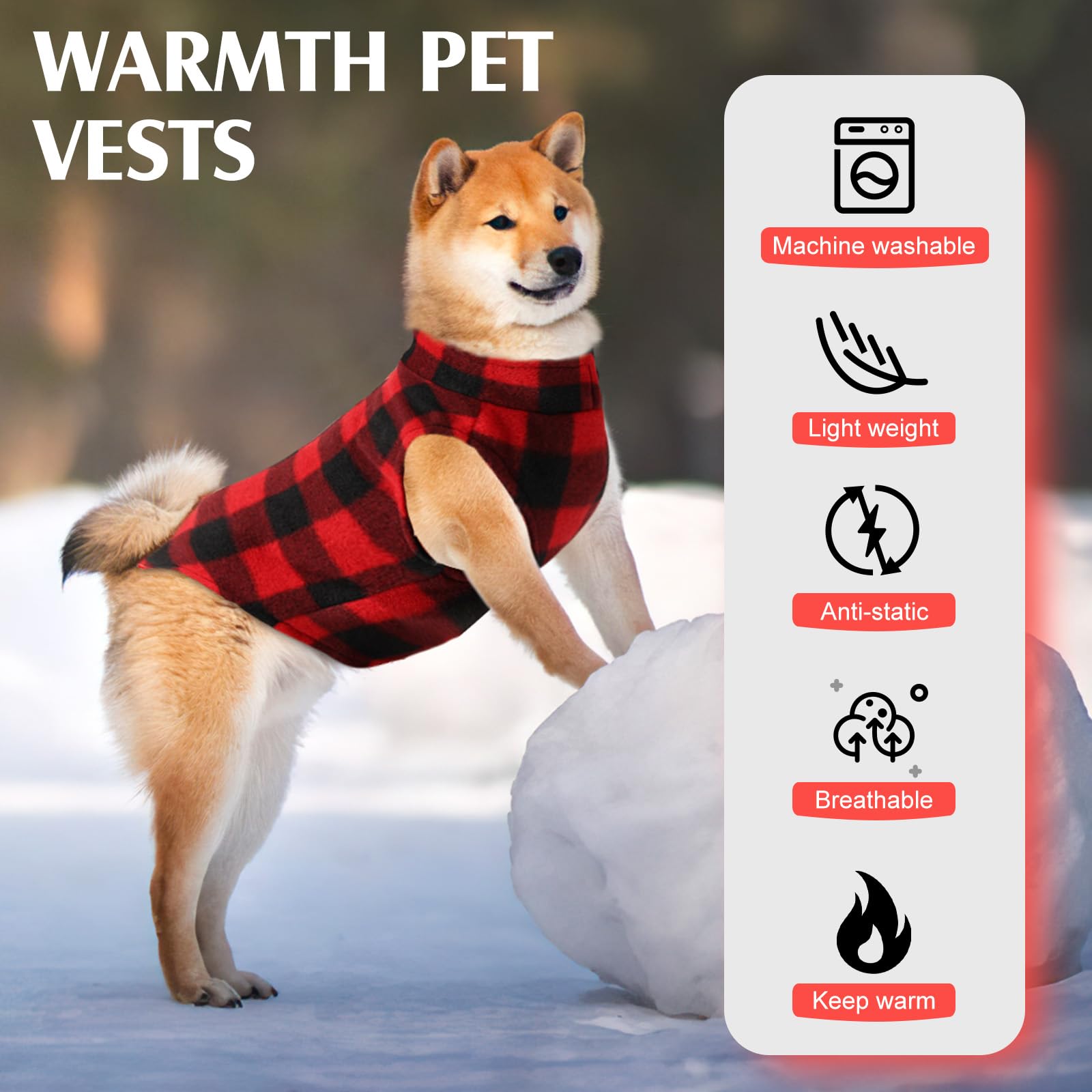 Soft Warm Dog Sweater, Winter Dog Clothes - Stretchy Fleece Vest With D Ring Leash (Red Plaid, Xs)