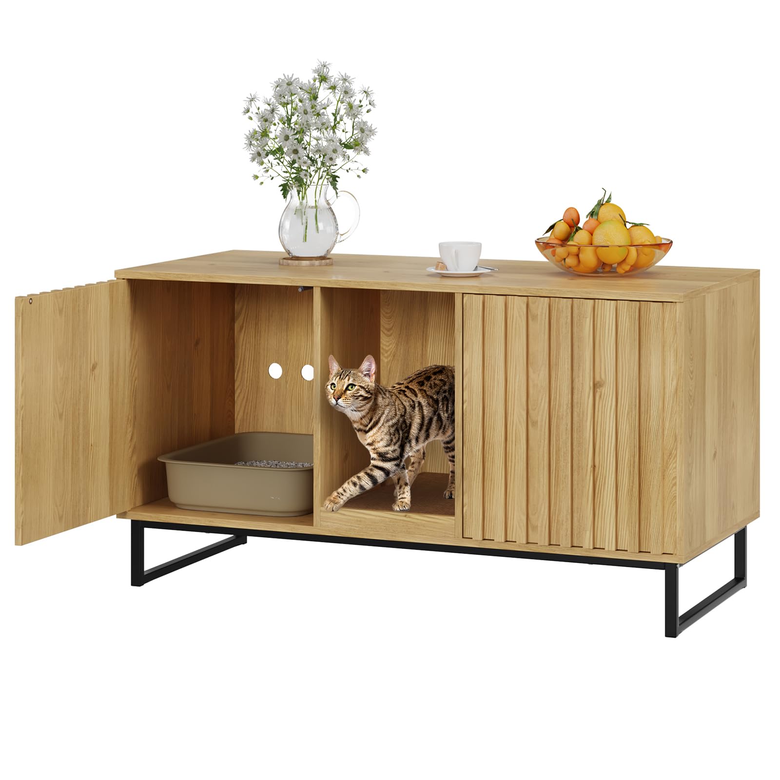 Cat Litter Box Enclosure For 2 Cats, 47.6 Litter Box Furniture Hidden With Cat Scratch Pad, Double Room Large Cat Cabinet, Indoo