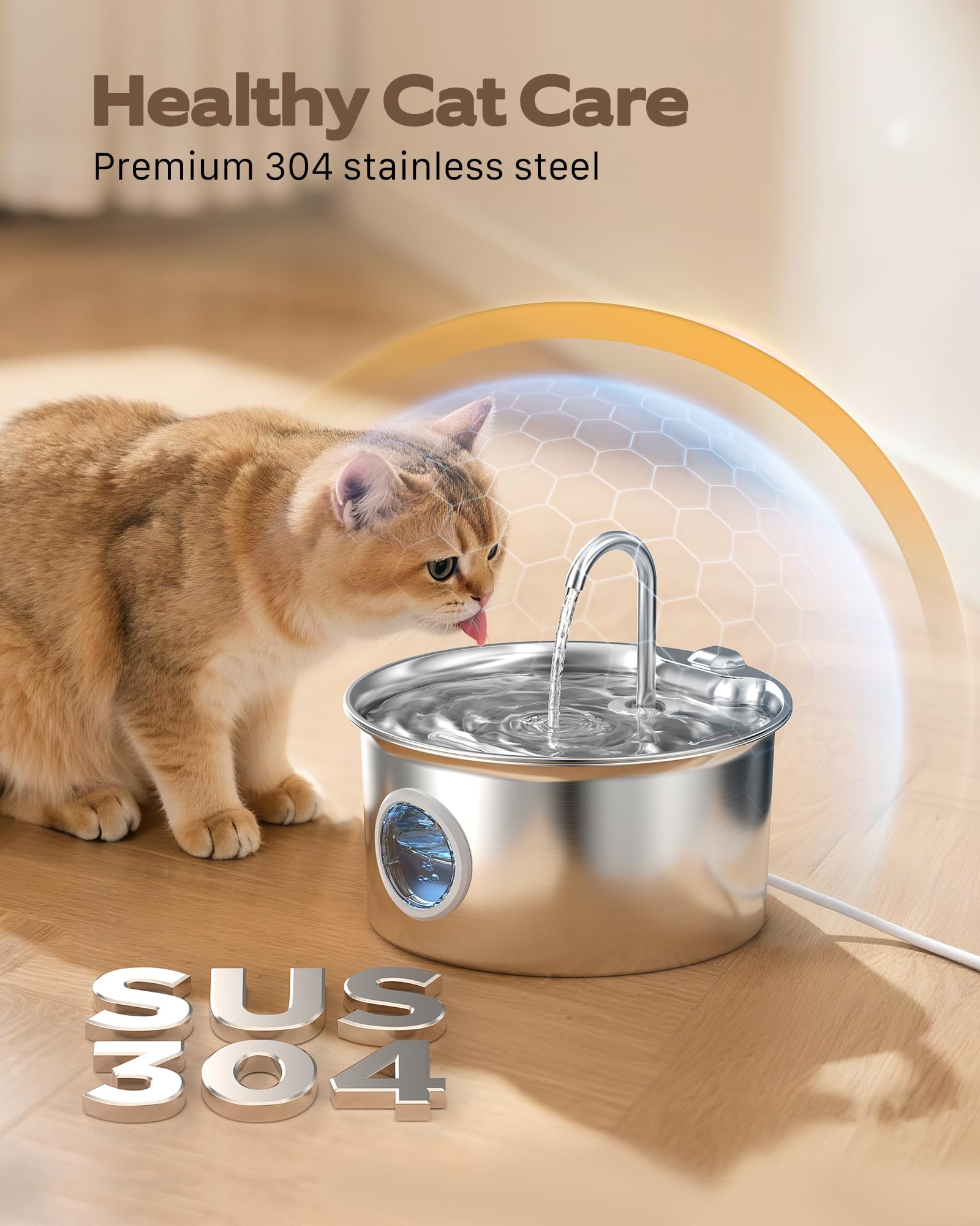 Stainless Steel Cat Water Fountain: Cat Fountain with 6 Filters + 3 Sponges - 88oz/2.6L Pet Water Fountain for Cats Inside - Sil