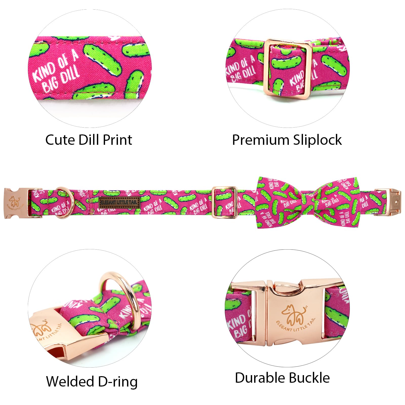 Elegant Little Tail Dog Collar, Dill Pickles Print Pet Collars With Bow Soft Cutton Boy Puppy Gift Adjustable Pink Bowtie Dog Co