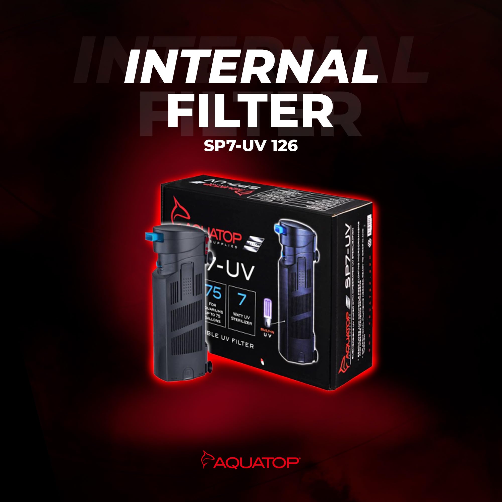 Aquatop Submersible Internal Filter - 72-126 GPH, Adjustable Flow Rate, UV 7, Black, Model AQUATOP-SP7-UV, Includes Replaceable Filter Sponge