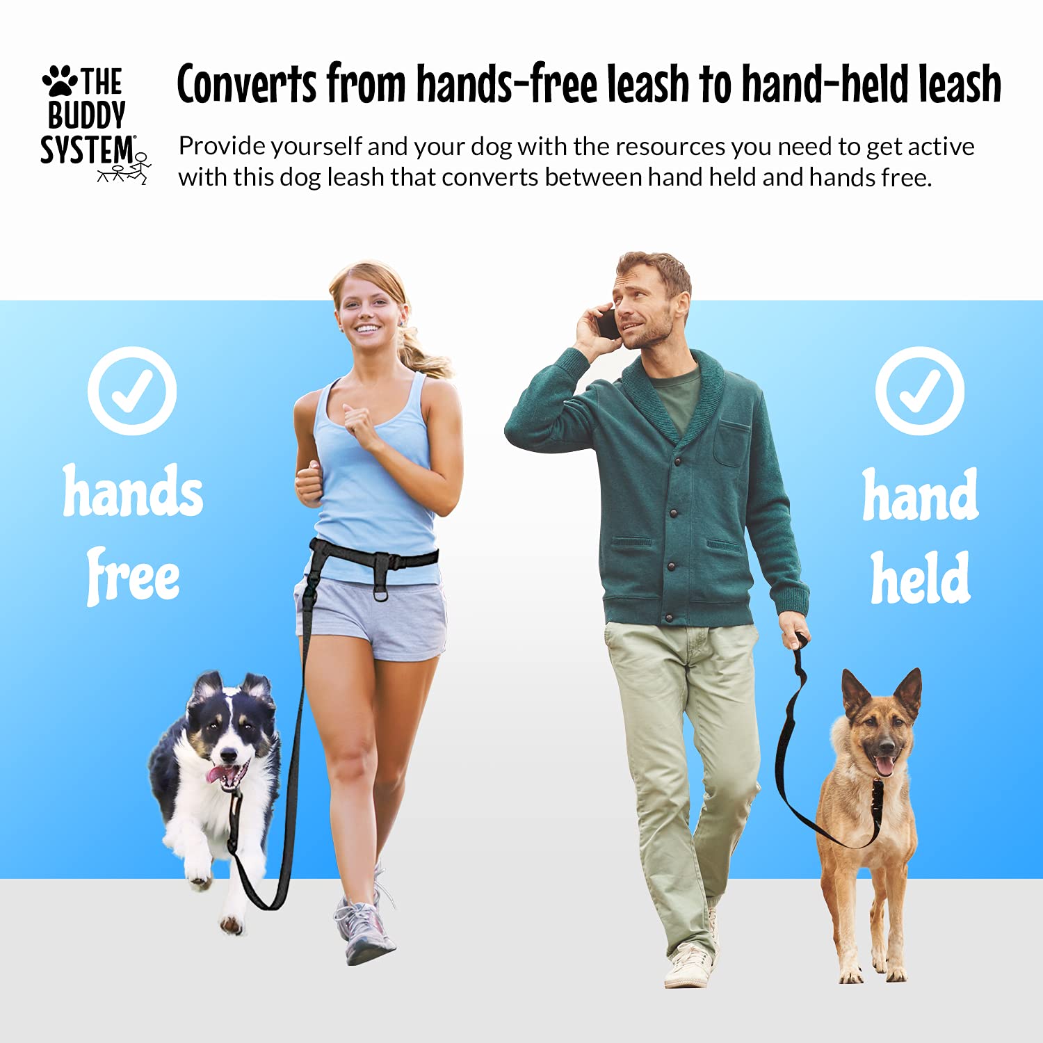 The Buddy System Adjustable Hands Free Dog Leash, Hand-Free Leash For Running, Jogging, Walking, Hiking And Training Service Dogs, Versatile All Dog Sizes - Made In Usa - Regular, Black
