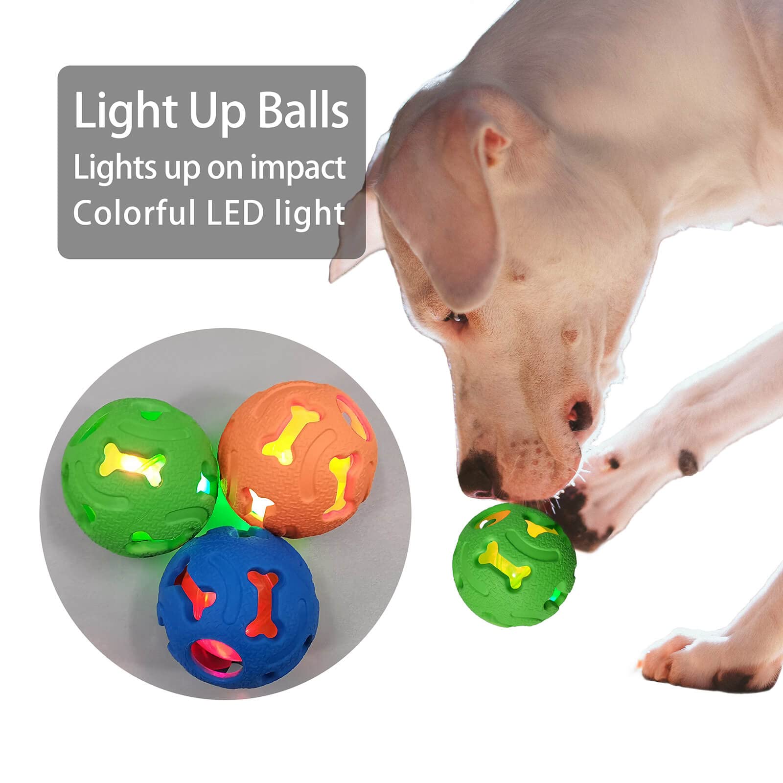 Leejec Interactive Light Up Dog Balls, 2.5" Durable Rubber Fetch Toys, 3-Pack - Orange, Green, Blue for Medium & Small Breeds