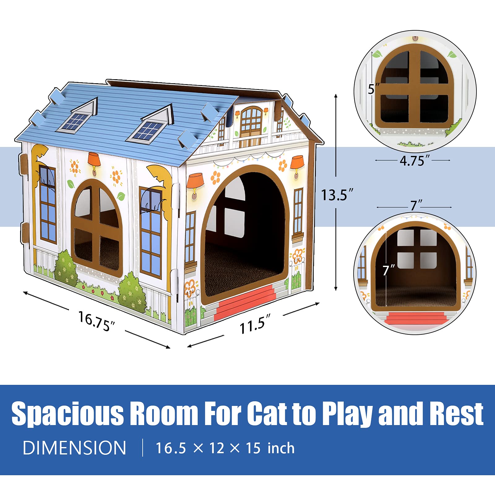 Sekam Cardboard Cat House With Scratcher/Catnip, (16.5''L X 12''W X 13''H) Cat Play House For Indoor Cats, Cat Scratching Toy, Cat Hideaway Furniture For Cat Birthday, Hideout For Bunny Small Animals