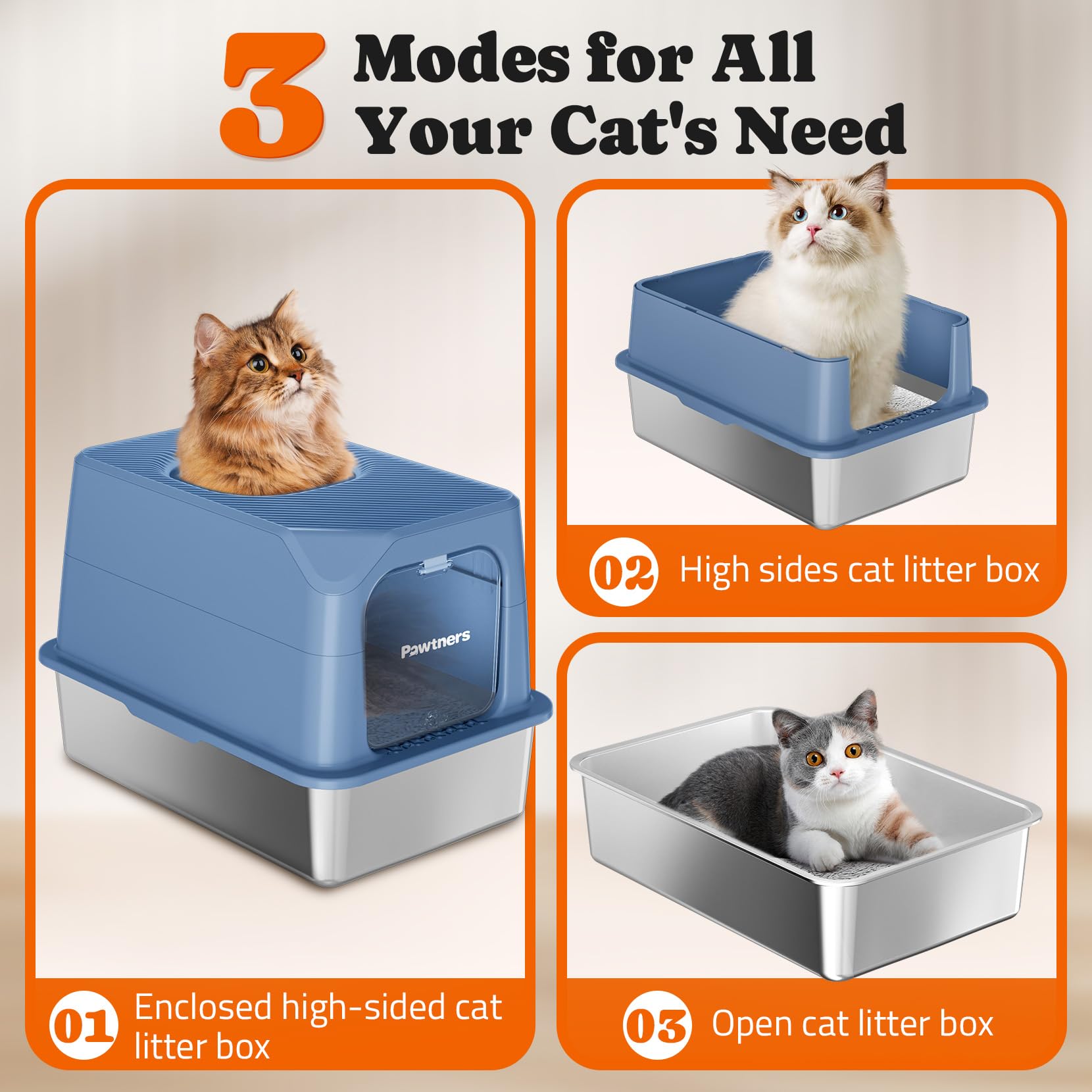 Pawtners XL Stainless Steel Cat Litter Box - Enclosed Blue Toilet with Removable Lid, Anti-Leakage, Easy to Clean