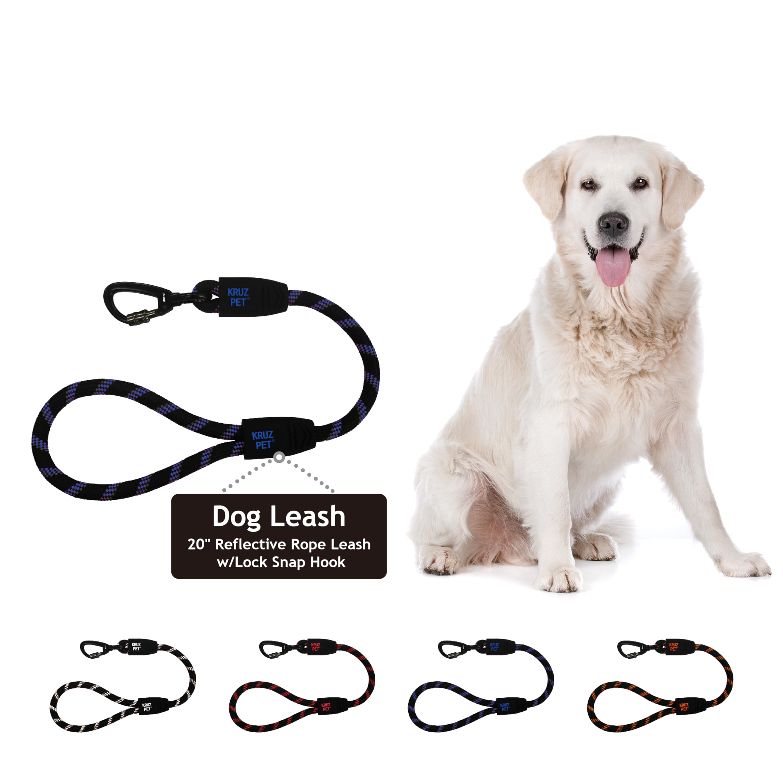 Kruz Short Traffic Leash - Kzrope5020-02L - Soft Silicone Grip - Click & Lock Snap - Heavy-Duty Reflective Dog Rope For Security